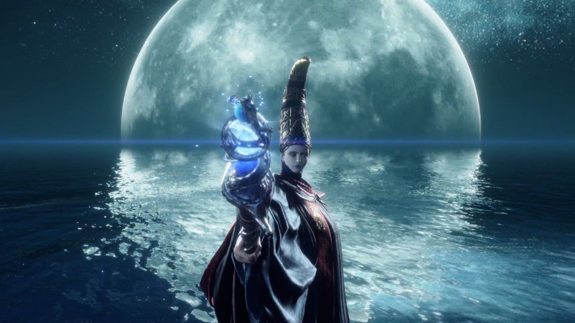 Elden Ring Queen of the Full Moon, Rennala, holds a glowing staff towards the screen as the moon hovers over an ocean in the background