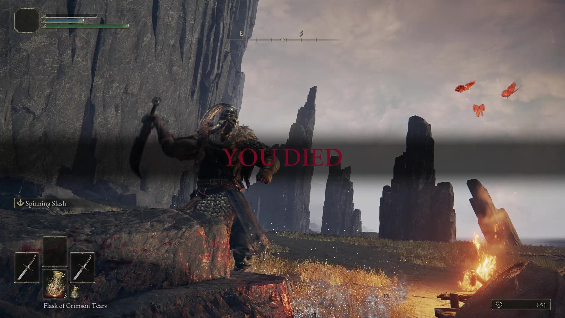 The iconic Soulsborne YOU DIED text, over an Elden Ring minion killing a player character.