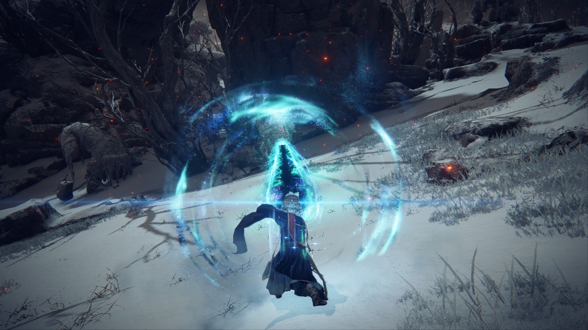Elden Ring player using Comet Azur to send a surge of blue magical energy towards a troll in a snowy field