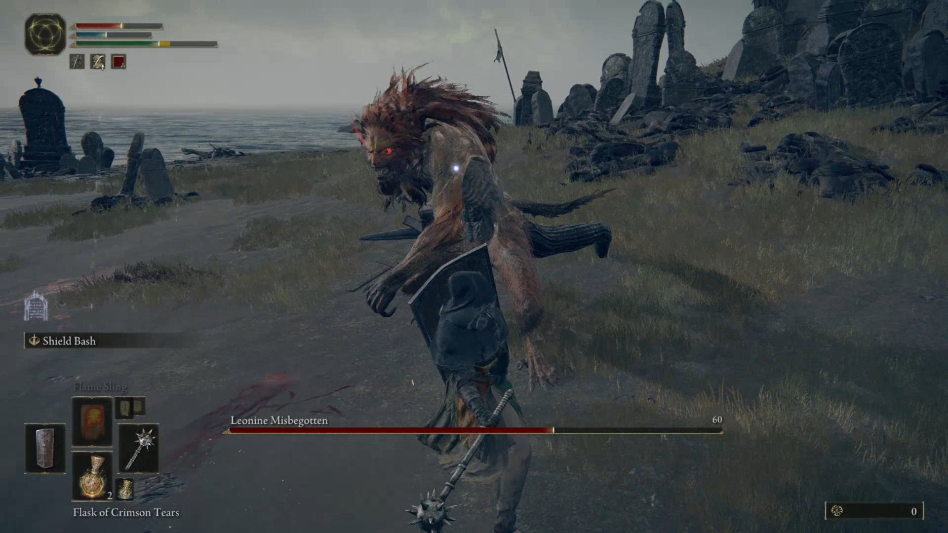 The player in Elden Ring faces down the boss Leonine Misbegotten with a tower shield.