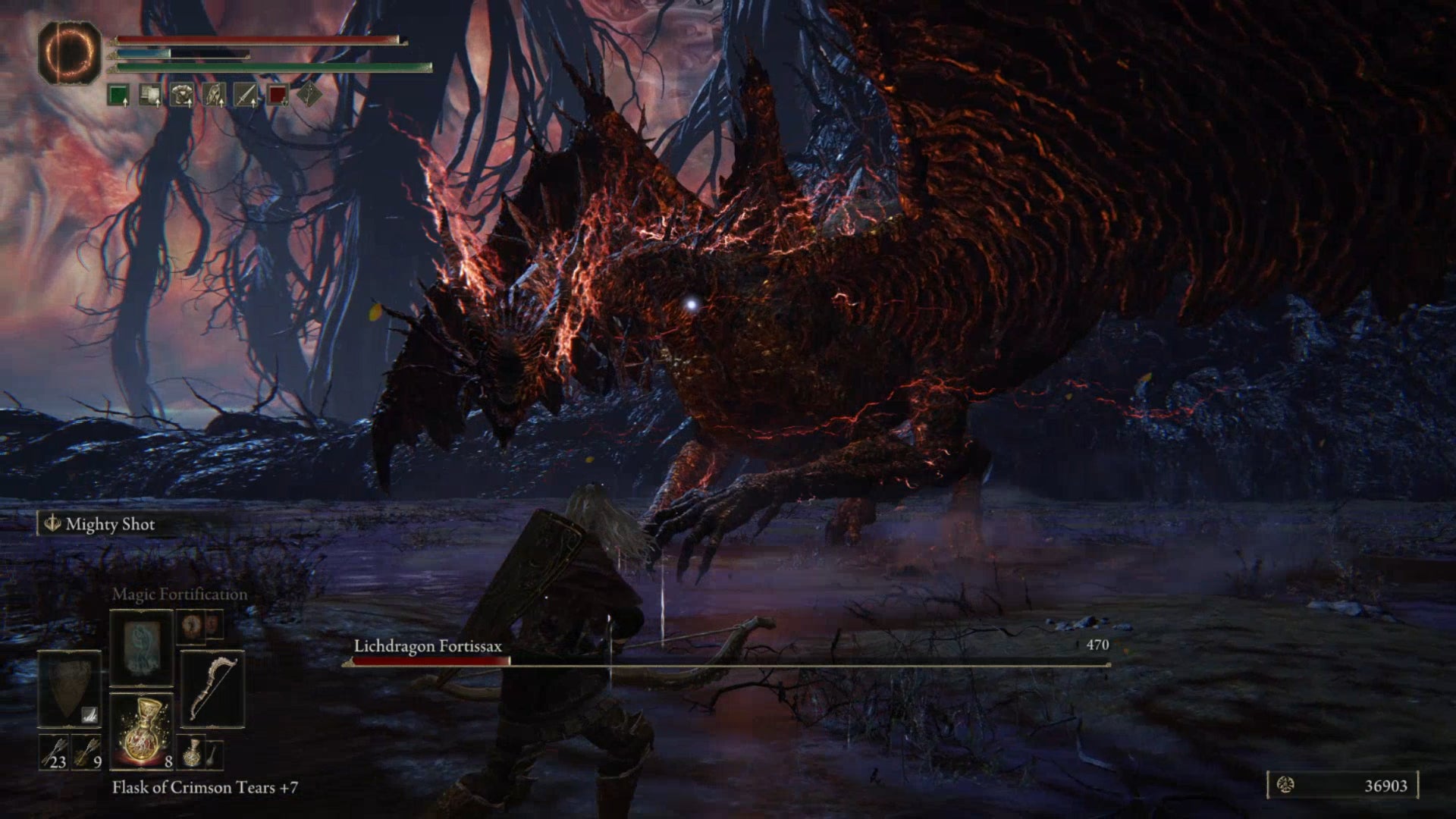 The player fights the Lichdragon Fortissax in Elden Ring.