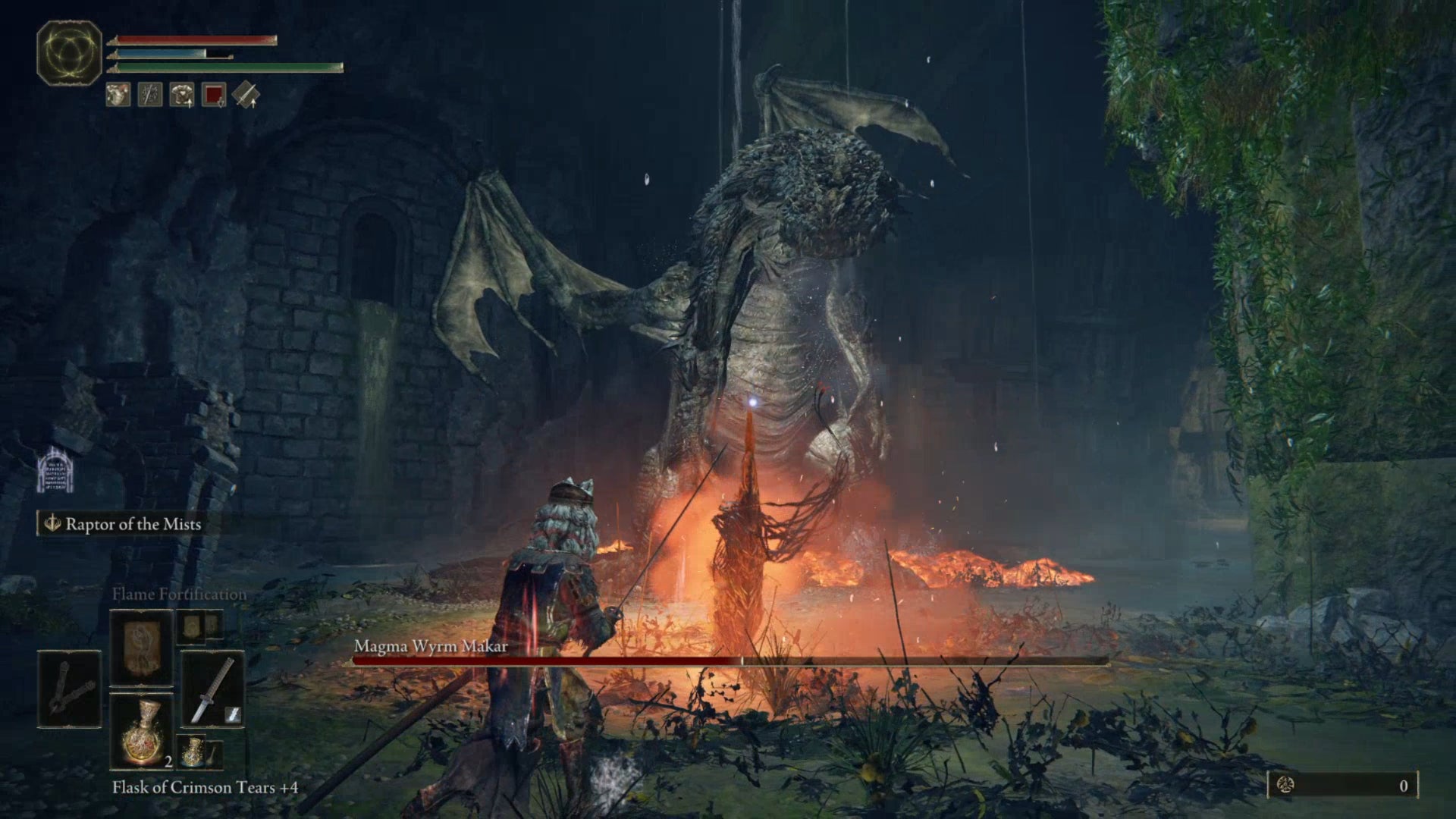 Elden Ring: the player fights the boss Magma Wyrm Makar.