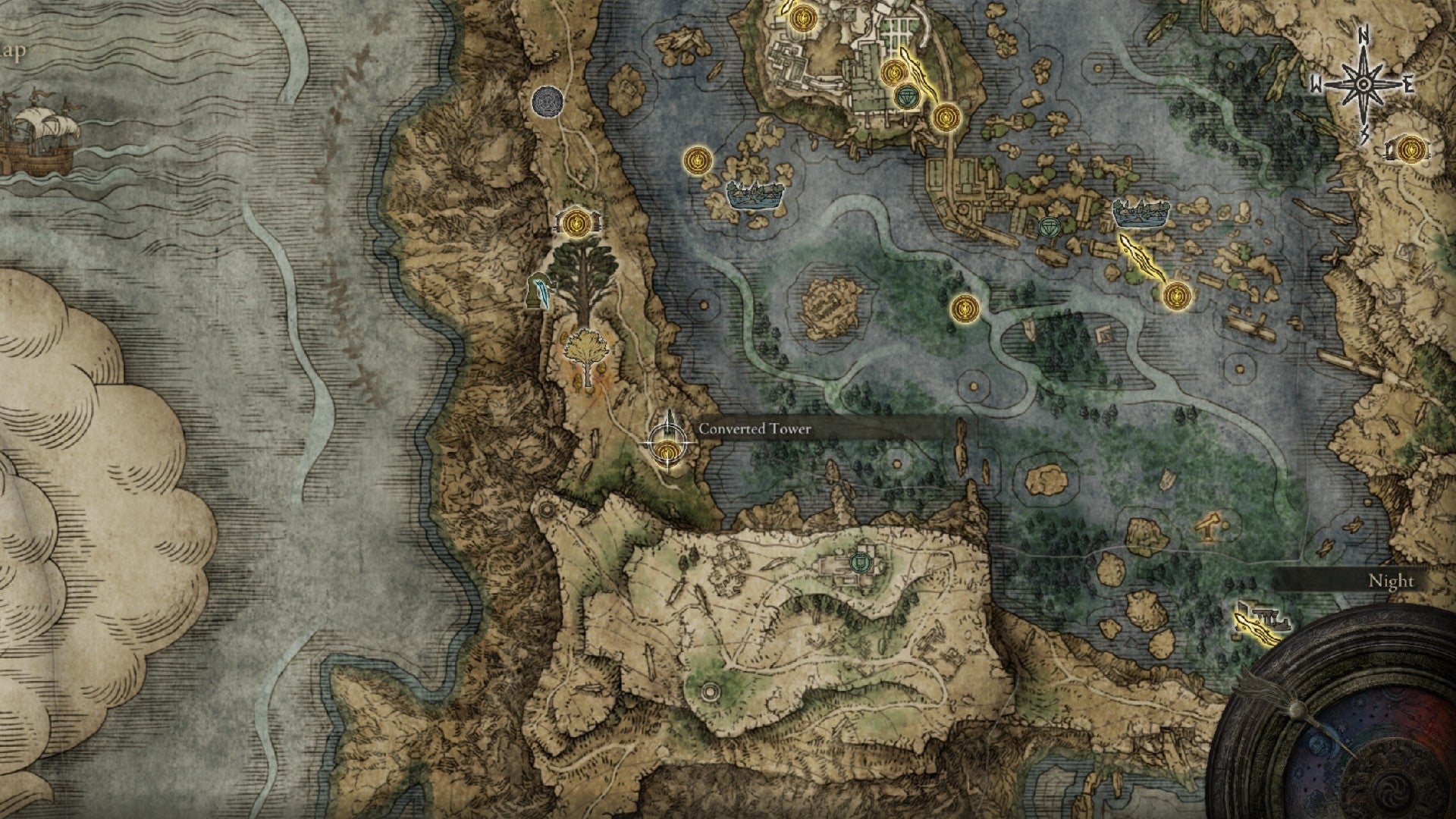 Место на карте переоборудованной башни Камня памяти Элденского кольца, к западу от озера Лиурния