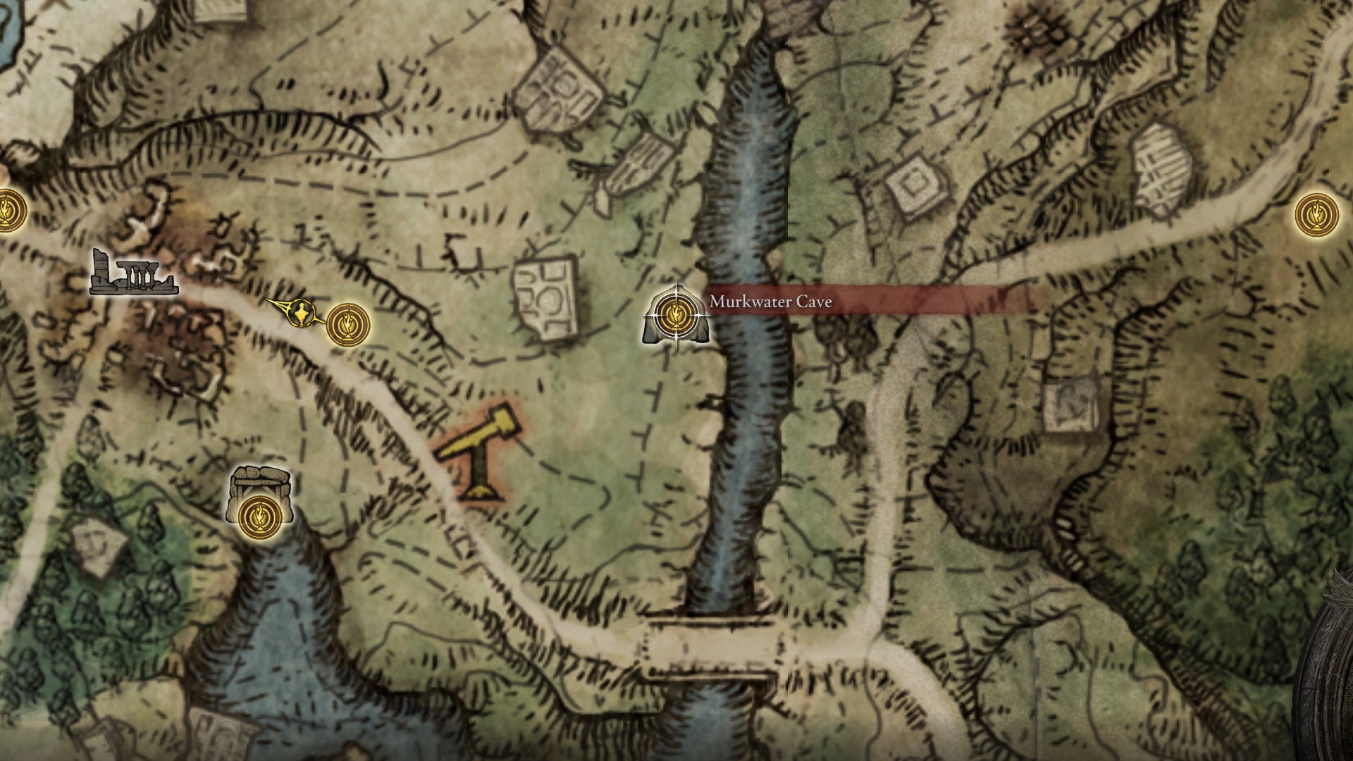 Part of the Elden Ring map, with the location of Murkwater Cave marked.