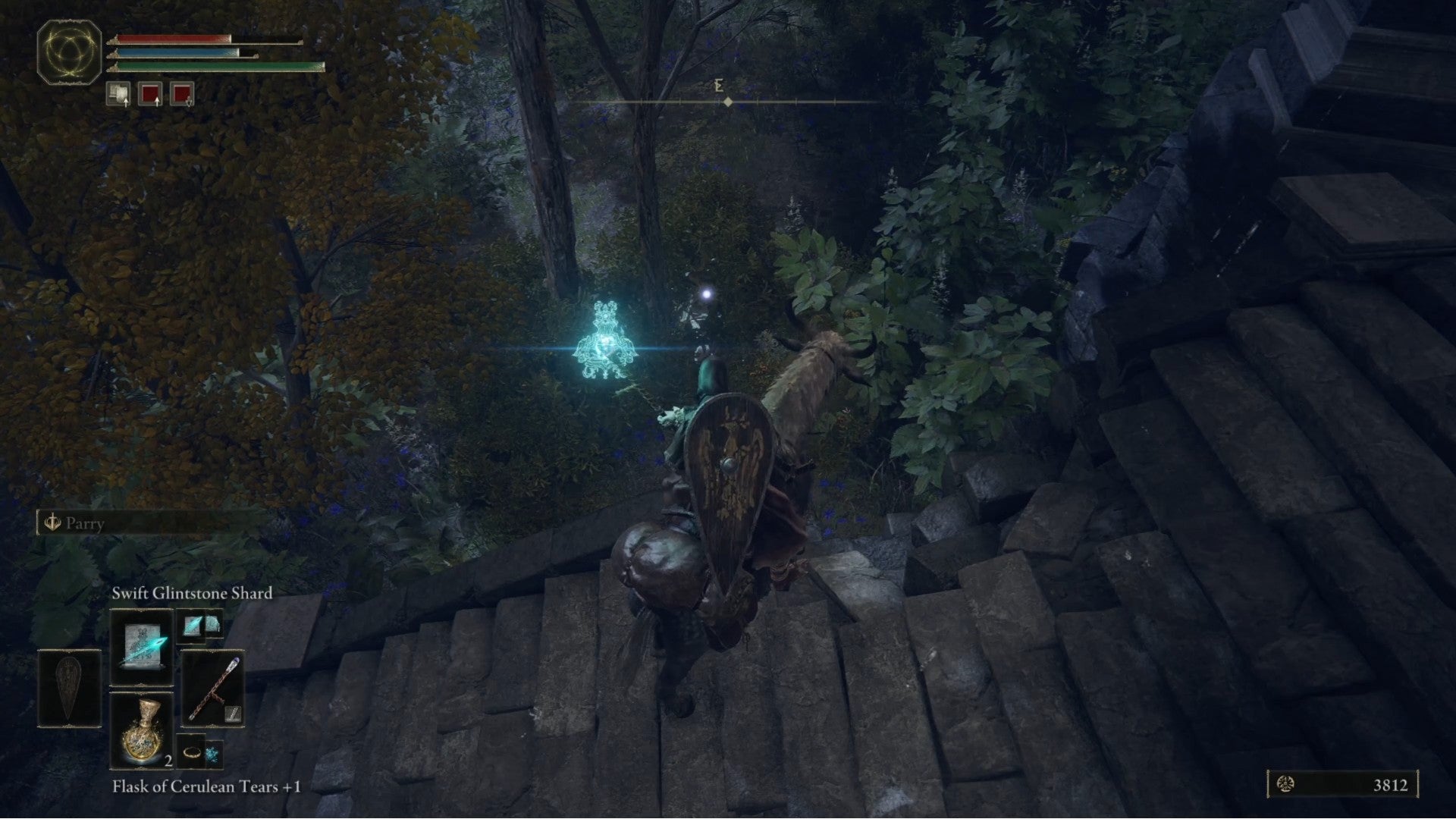 Elden Ring player aiming at a ghost turtle in a bush while on some stairs