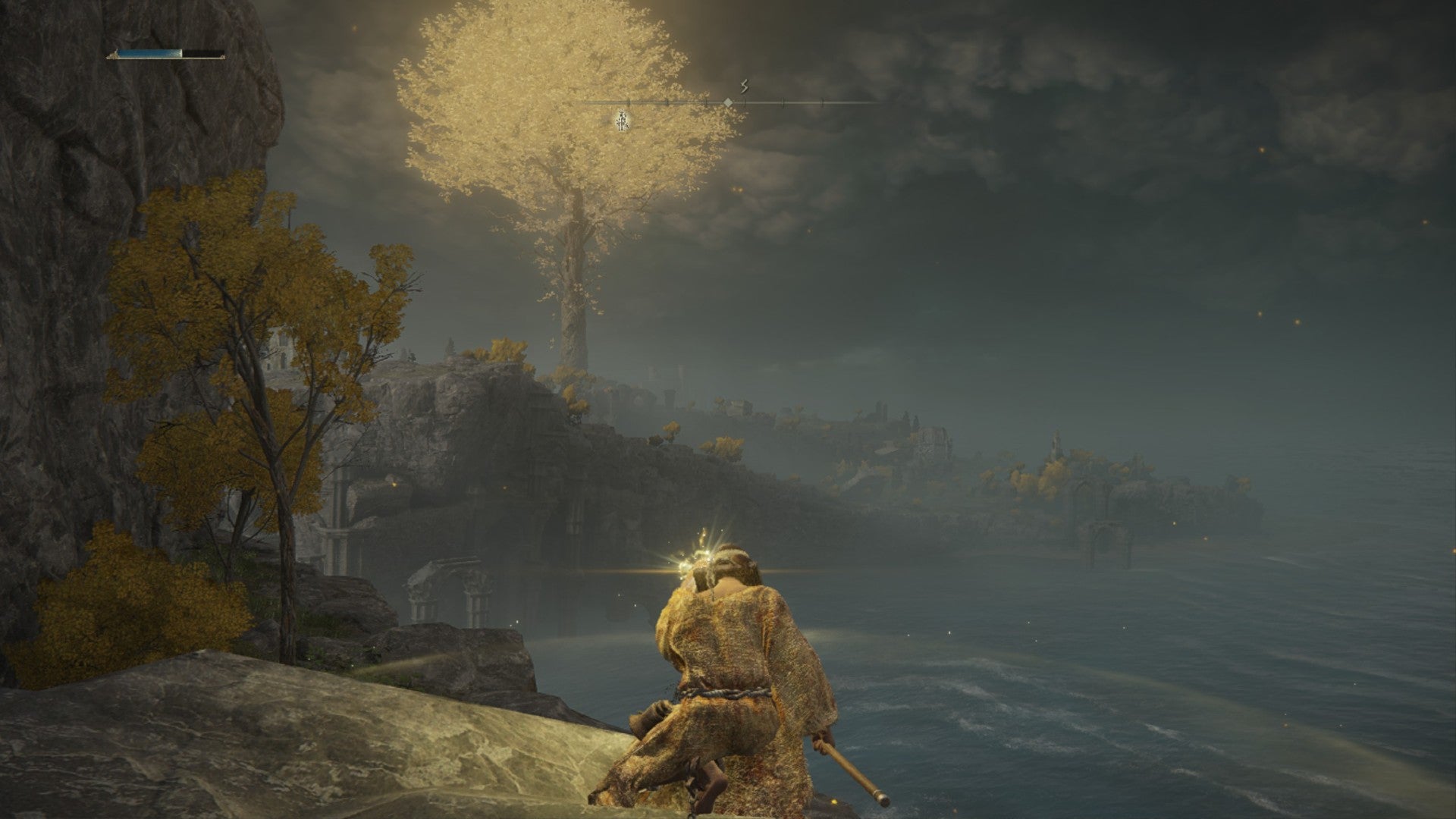 Elden Ring Prophet healing on a cliff looking out over a minor erdtree