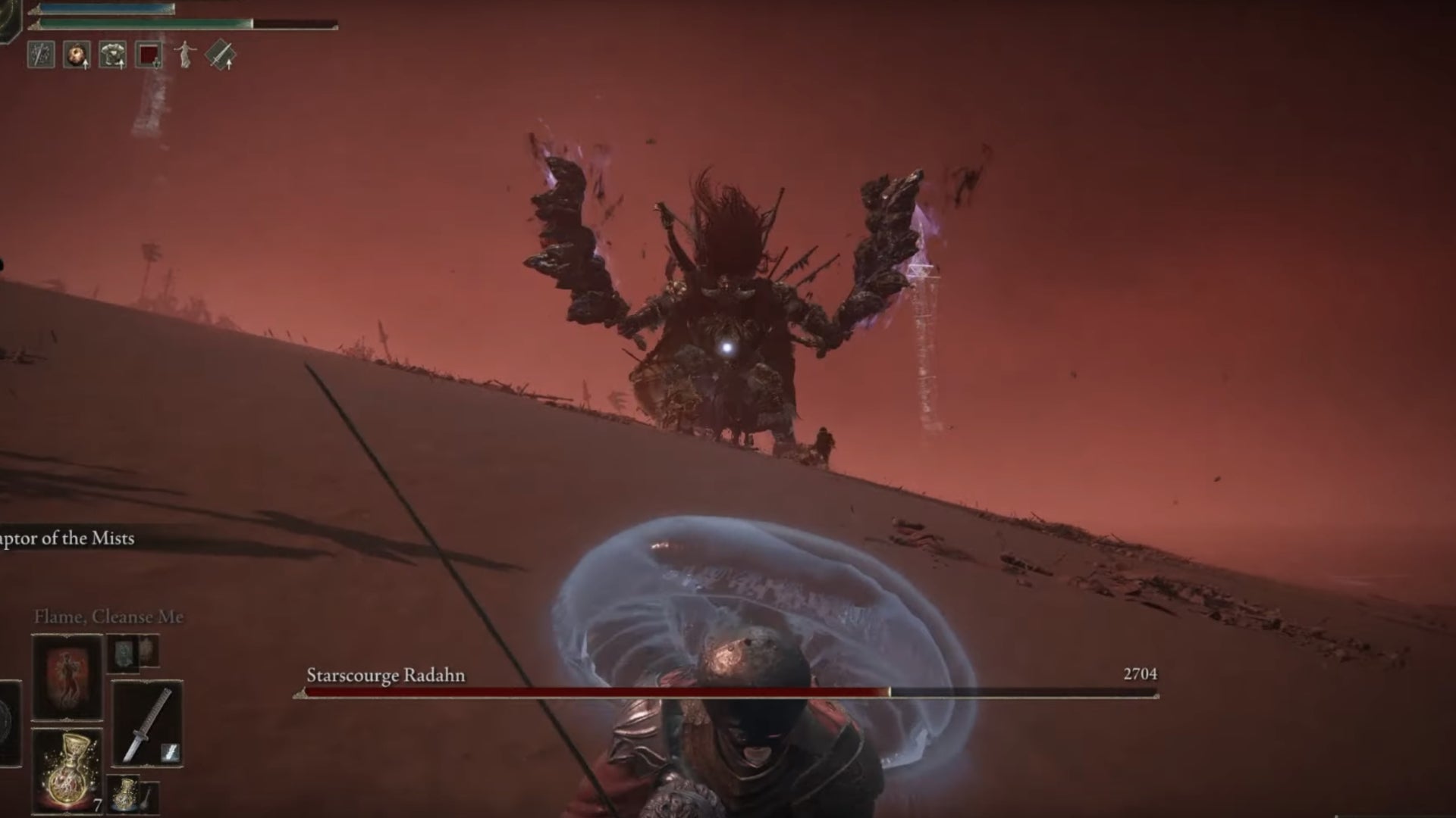 The player in Elden Ring retreats away from the boss Starscourge Radahn in order to heal.