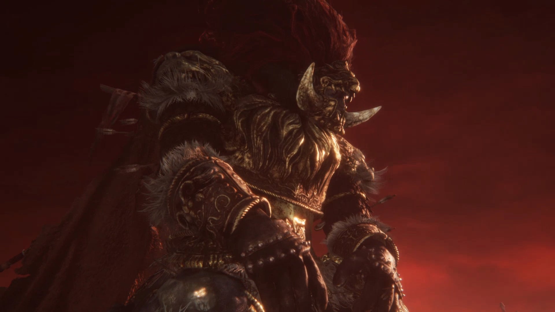 A screenshot from a cutscene in Elden Ring depicting General Radahn against a red sky.