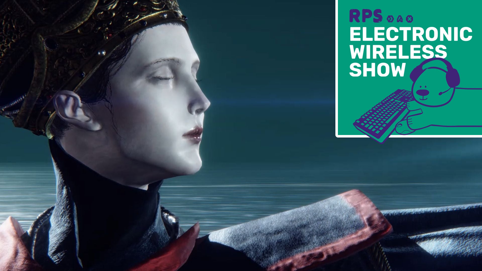 A close-up of Rennala, Queen of the Full Moon, a boss in Elden Ring, with the Electronic Wireless Show podcast logo in the top right corner