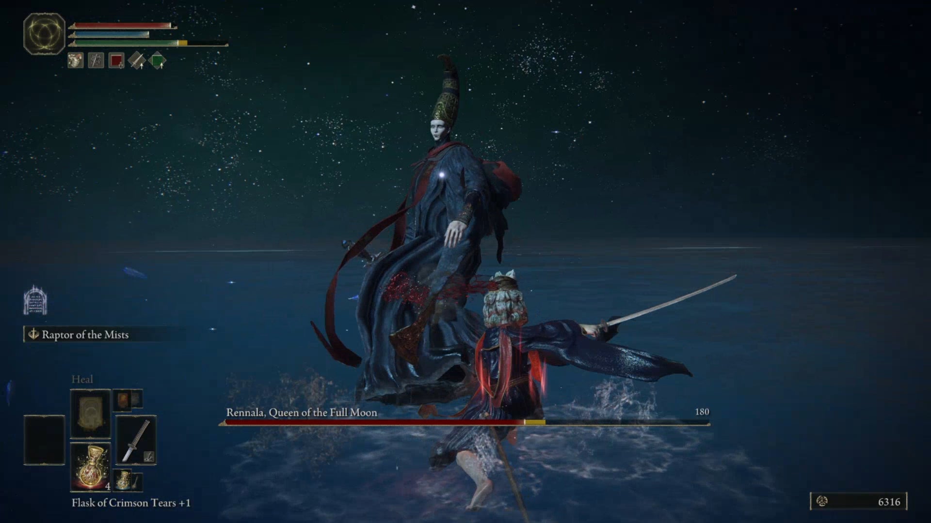 A screenshot from the second phase of the Rennala boss fight in Elden Ring. The player crouches and slashes with a katana towards Rennala.