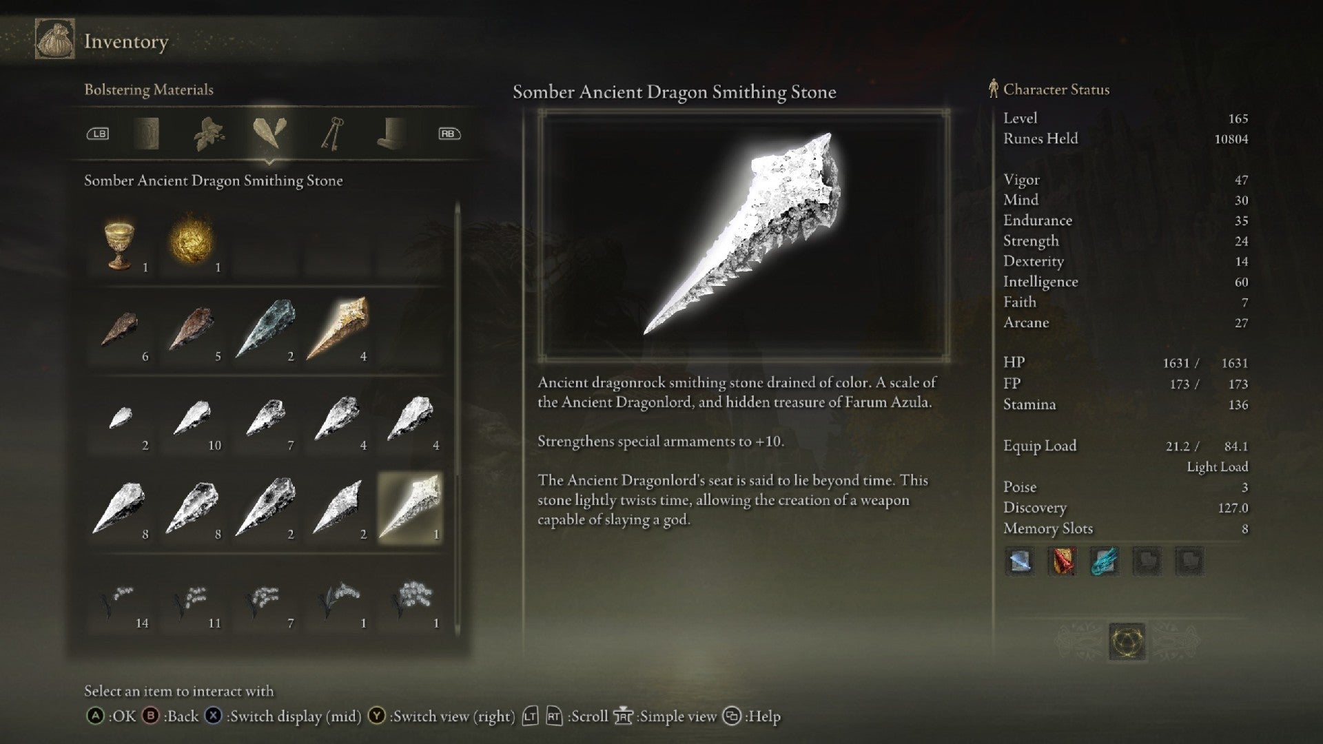 Elden Ring inventory screen displaying the Somber Ancient Dragon Smithing Stone, which is an upgrade item you can use on special weapons.