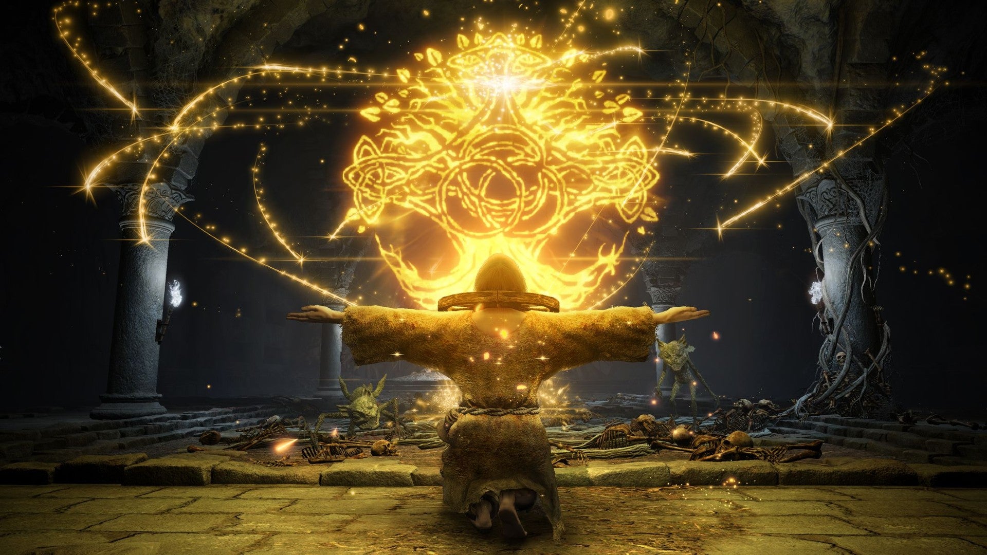 Player Elden Ring, wearing Prophet robes, kneels to cast an incantation as the fiends run towards them.