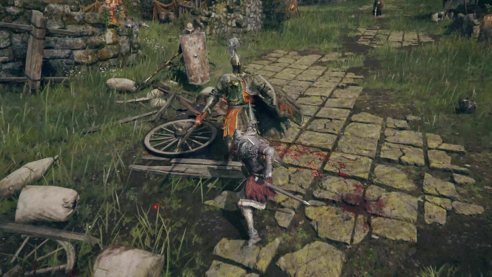The player stabs an undead with a big sword in Elden Ring.