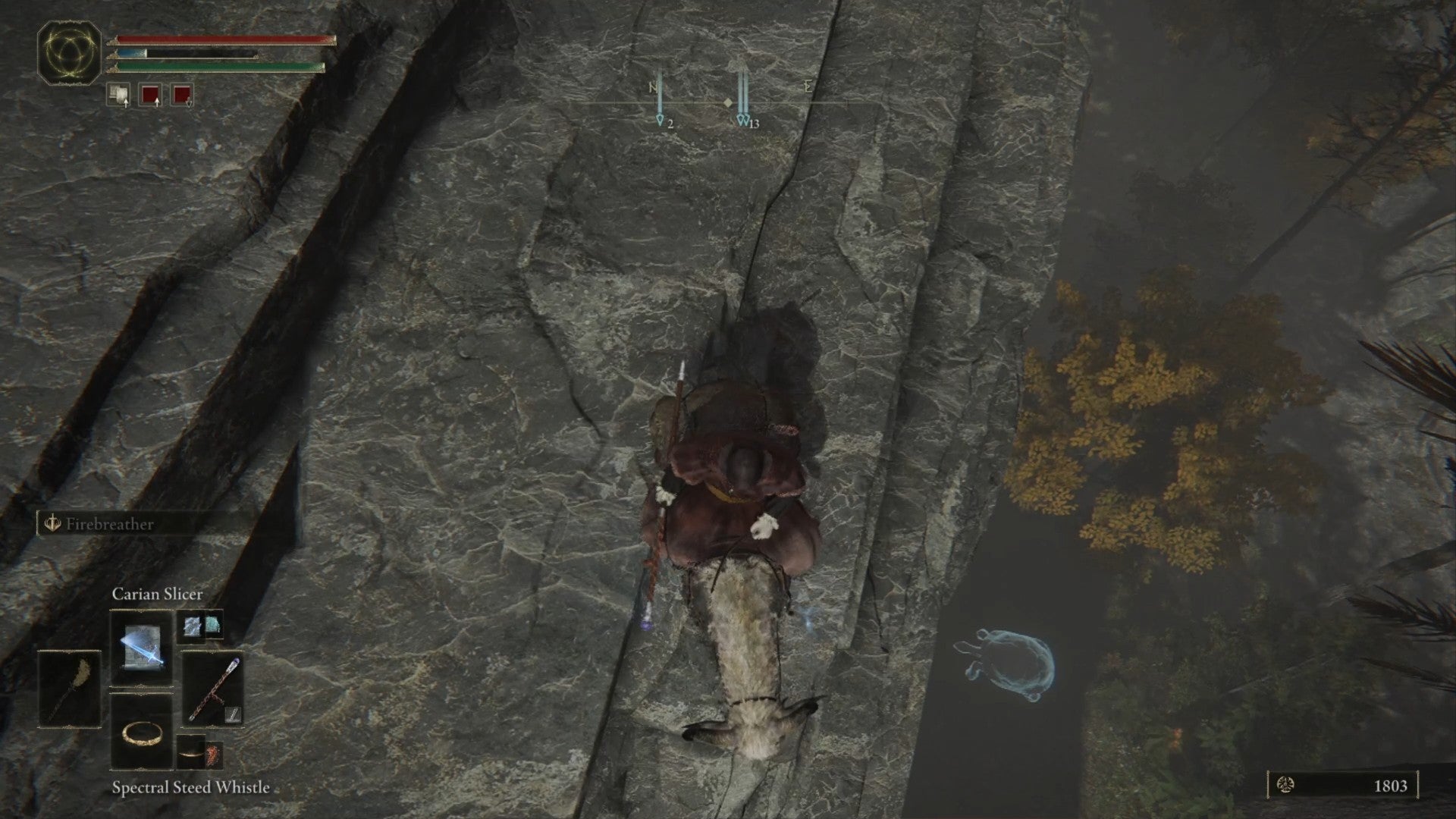 Elden Ring player riding a horse on top of a craggy rock, looking down at a ghost turtle on the ledge below