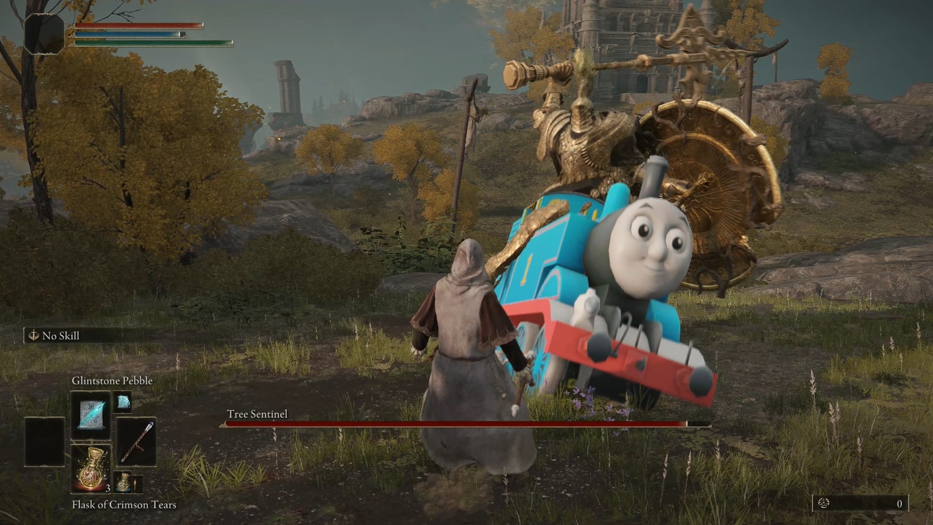 A screenshot of Elden Ring showing the early game Tree Sentinel boss, his horse replaced by Thomas the Tank Engine.