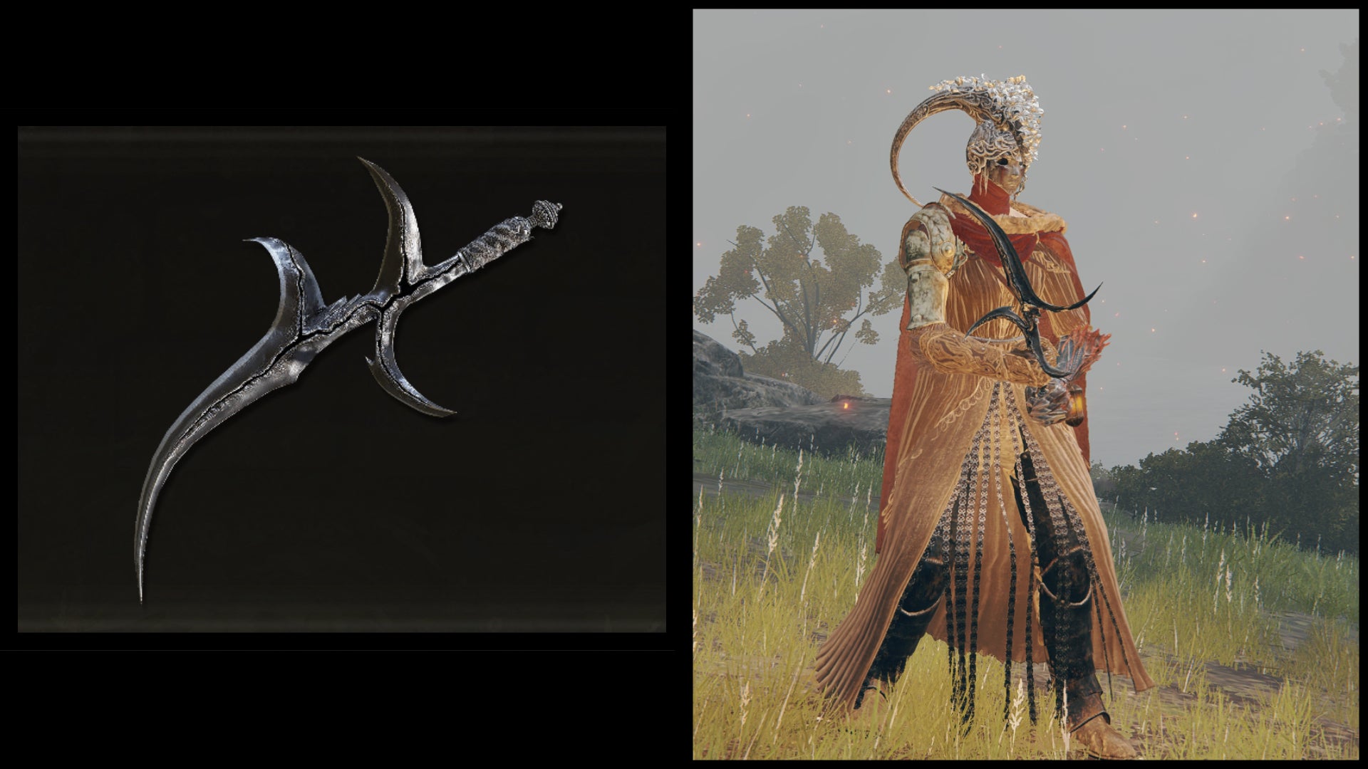 Left: an illustration of the Black Knife from Elden Ring. Right: the player character holding the same weapon against a Limgrave background.