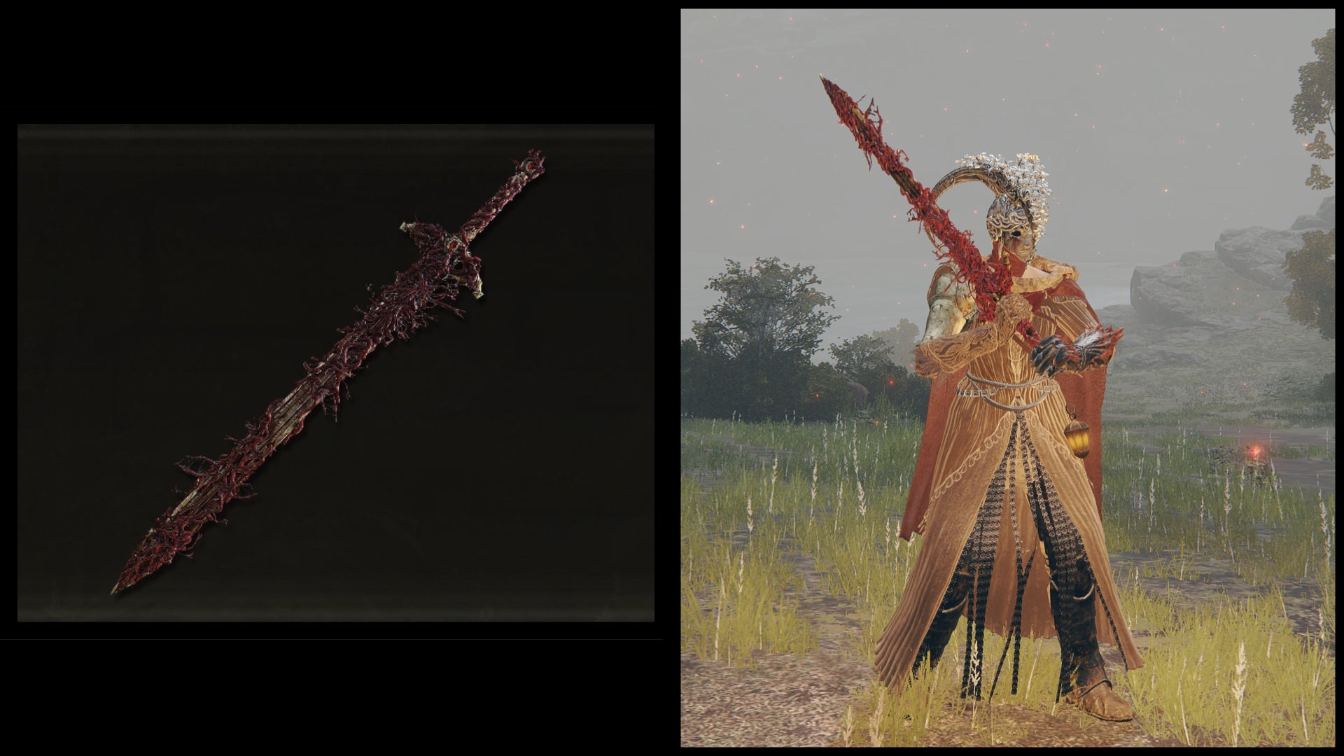 Left: an illustration of the Blasphemous Blade from Elden Ring. Right: the player character holding the same weapon against a Limgrave background.