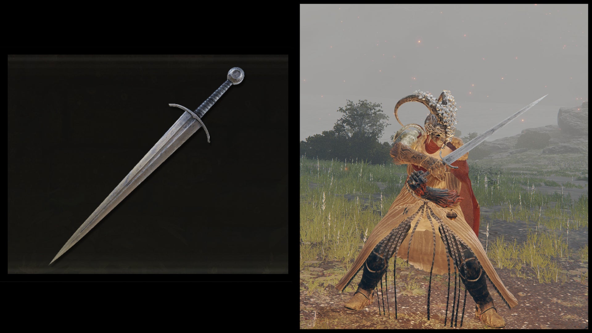 Left: an illustration of the Broadsword from Elden Ring. Right: the player character holding the same weapon against a Limgrave background.