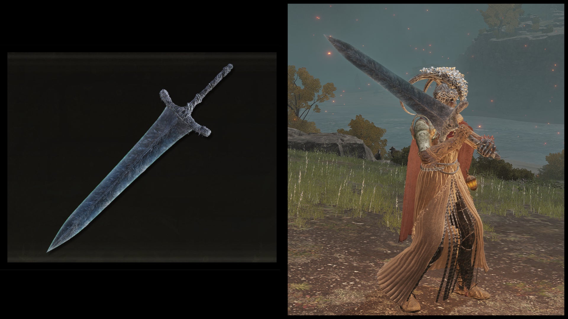 Left: an illustration of the Dark Moon Greatsword from Elden Ring. Right: the player character holding the same weapon against a Limgrave background.