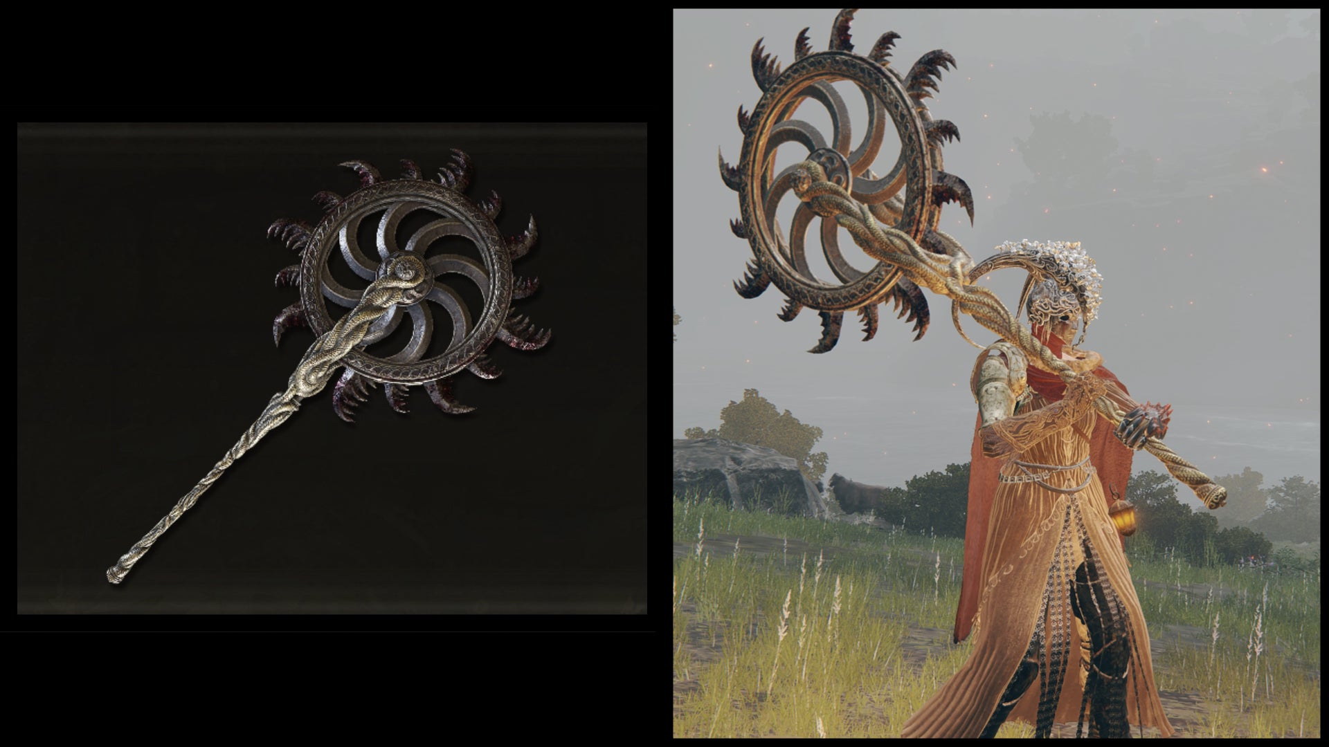 Left: an illustration of Ghiza's Wheel from Elden Ring. Right: the player character holding the same weapon against a Limgrave background.