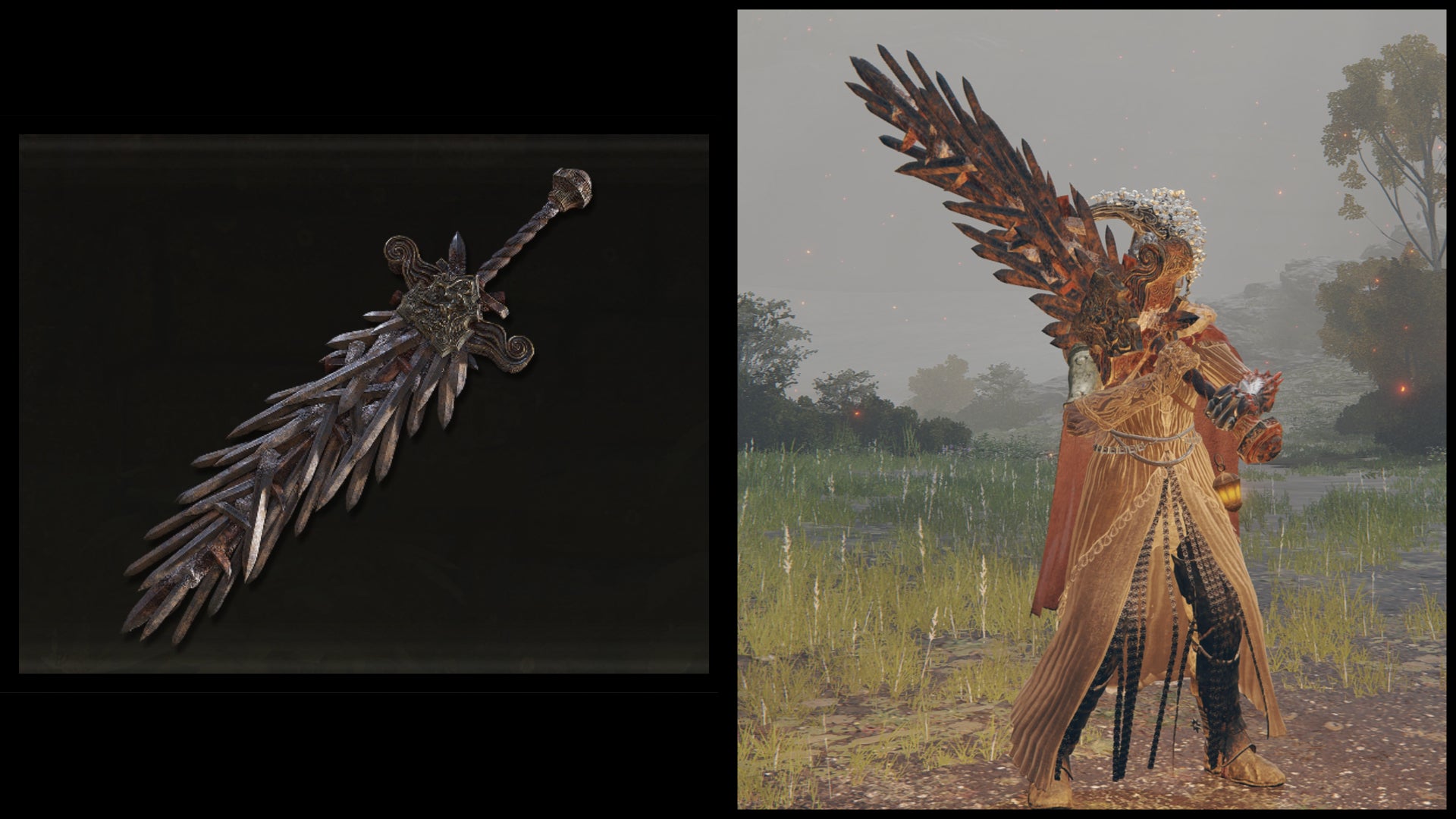 Left: an illustration of the Grafted Blade Greatsword from Elden Ring. Right: the player character holding the same weapon against a Limgrave background.