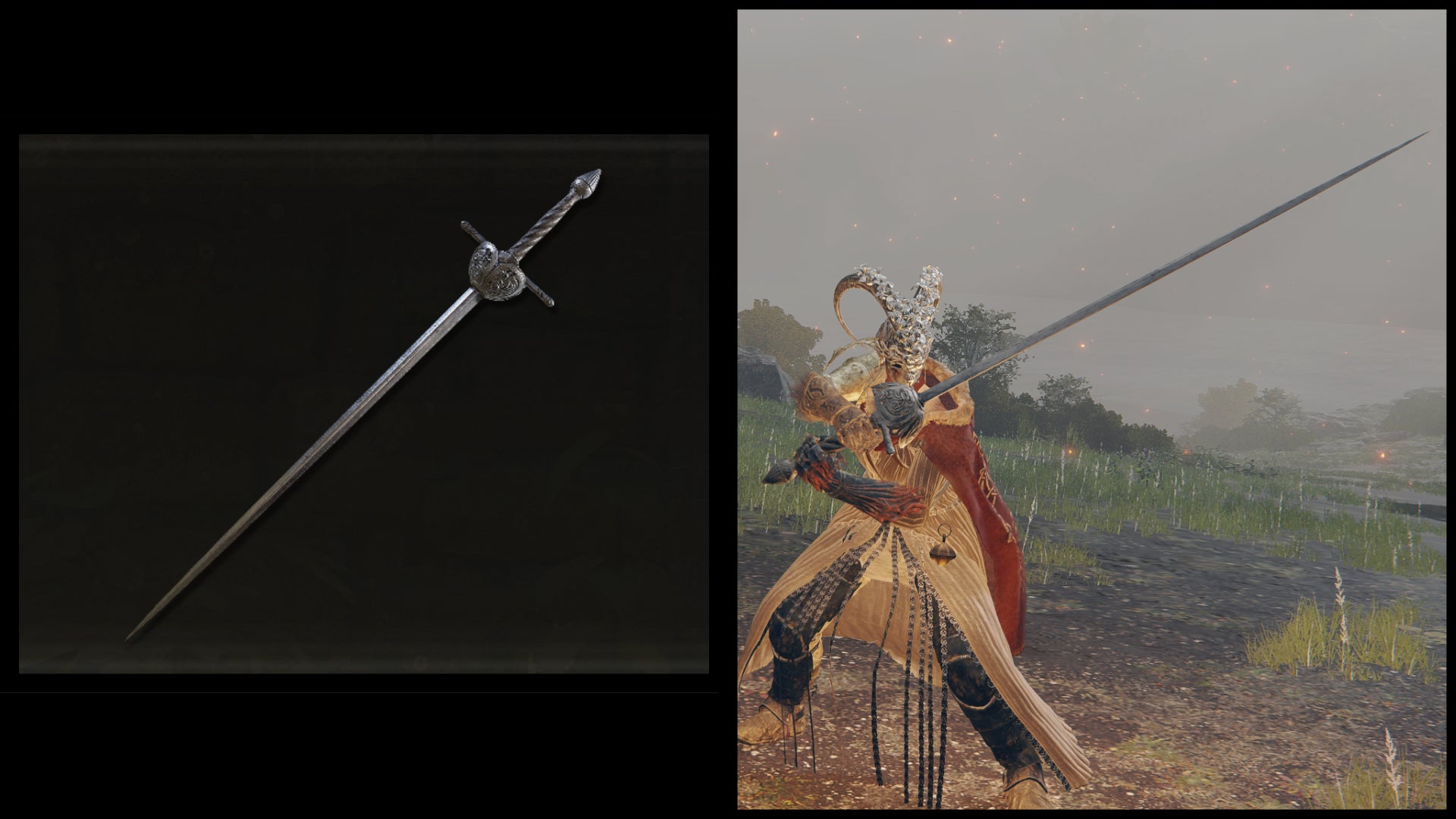 Left: an illustration of the Great Epee from Elden Ring. Right: the player character holding the same weapon against a Limgrave background.