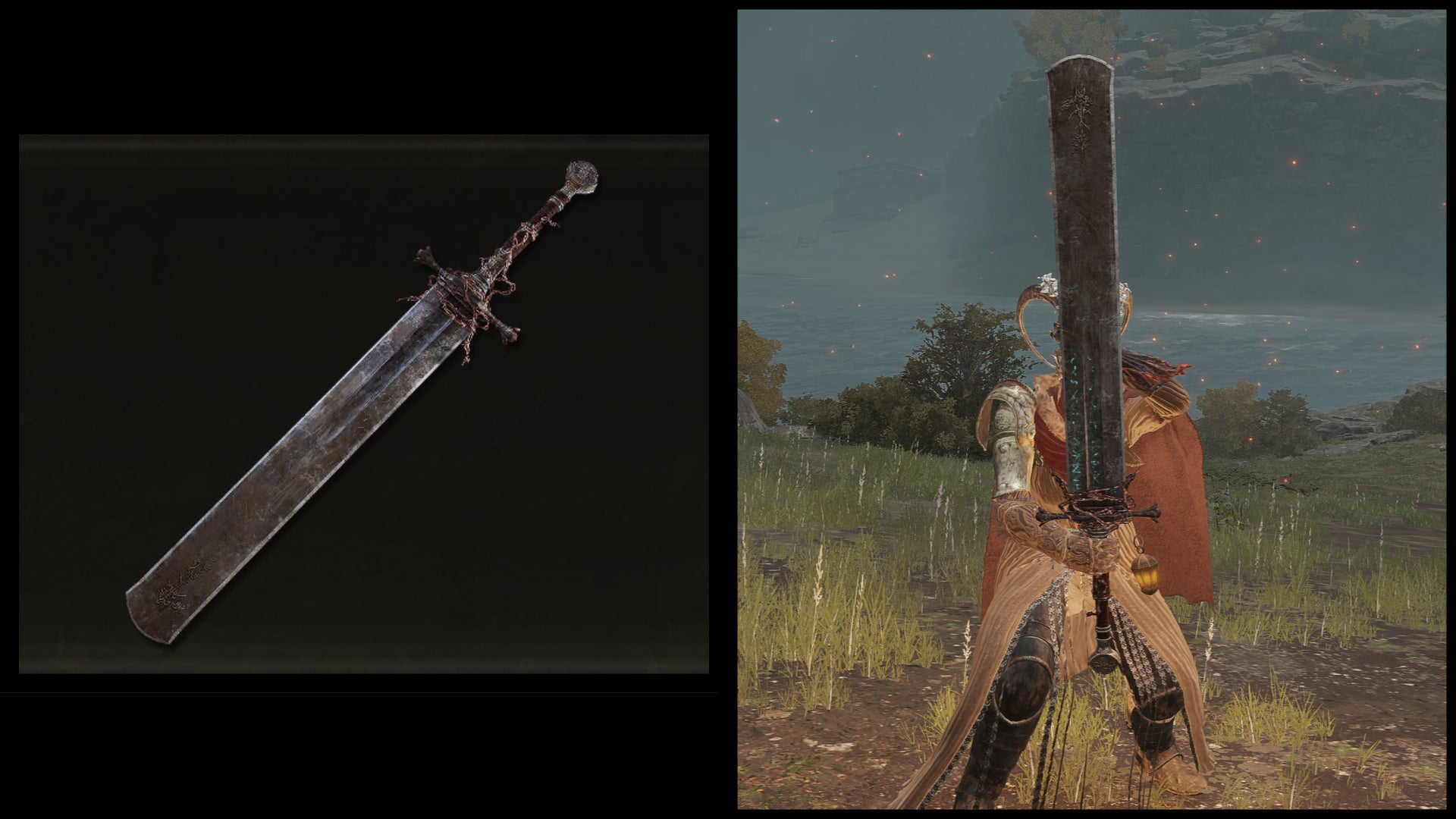 Left: an illustration of the Marais Executioner's Sword from Elden Ring. Right: the player character holding the same weapon against a Limgrave background.