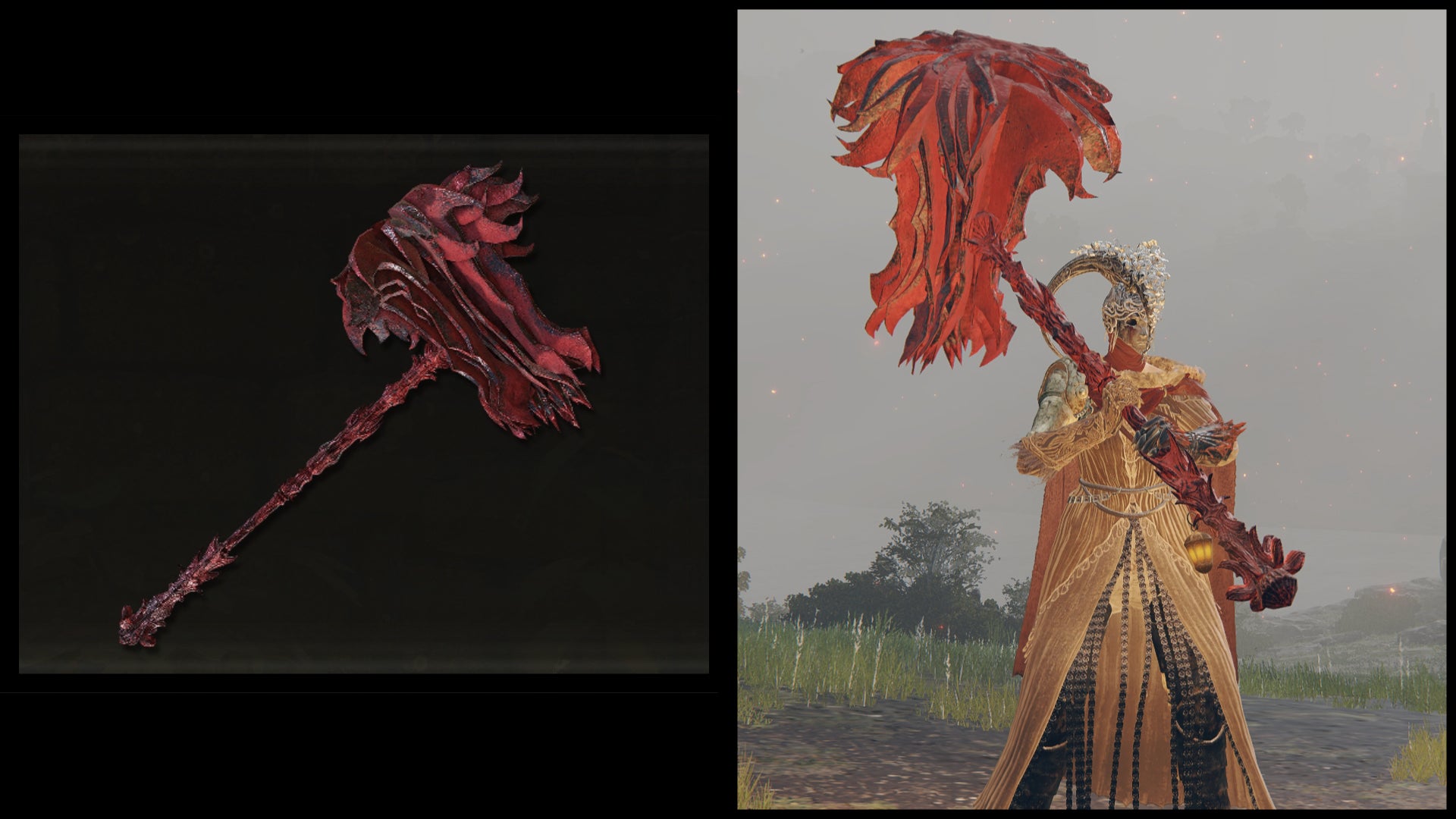 Left: an illustration of the Prelate Inferno Crozier from Elden Ring. Right: the player character holding the same weapon against a Limgrave background.