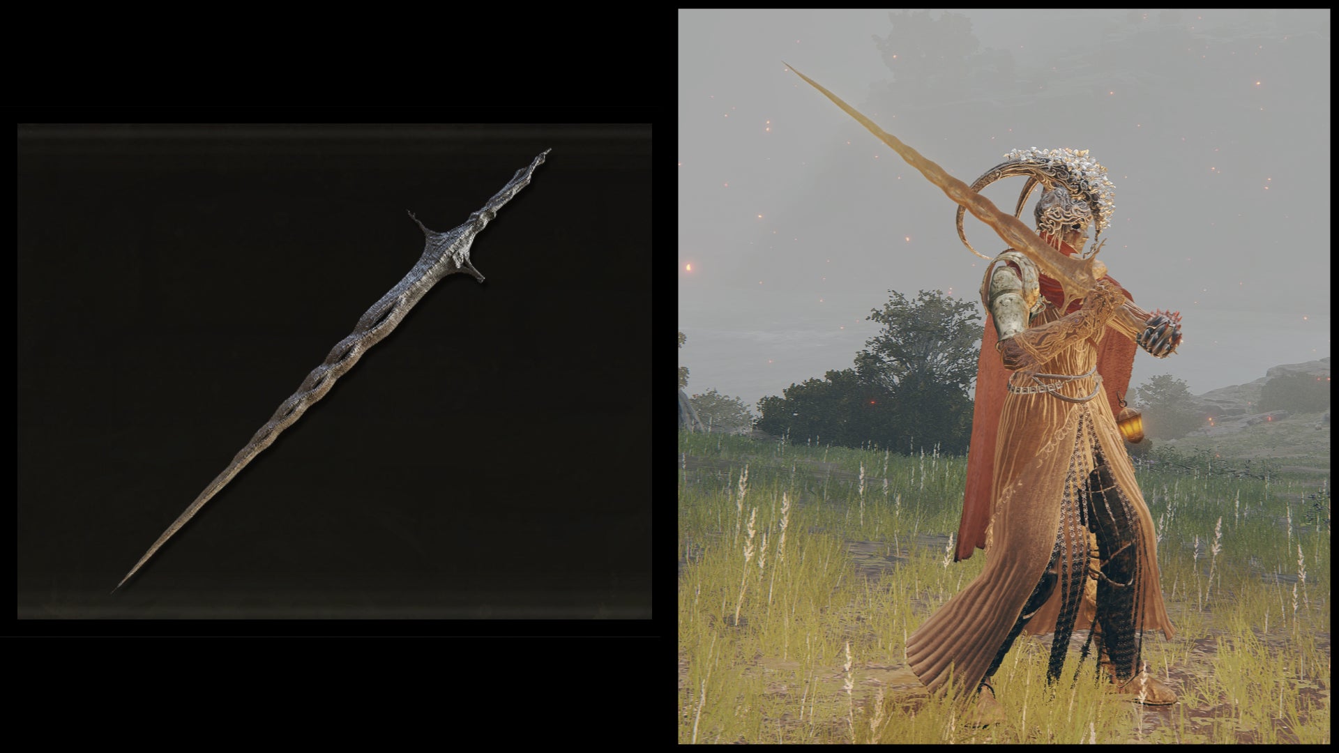 Left: an illustration of the Sacred Relic from Elden Ring. Right: the player character holding the same weapon against a Limgrave background.