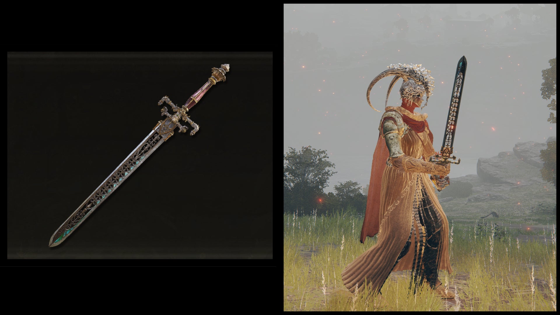 Left: an illustration of the Sword of Night and Flame from Elden Ring. Right: the player character holding the same weapon against a Limgrave background.