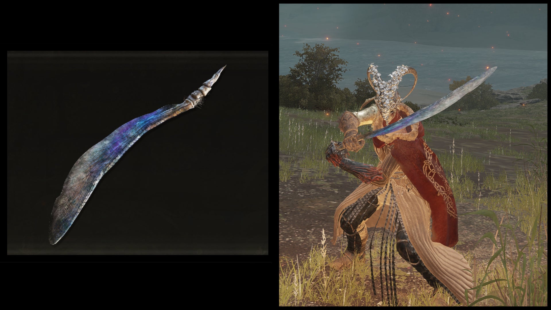 Left: an illustration of the Wing of Astel from Elden Ring. Right: the player character holding the same weapon against a Limgrave background.