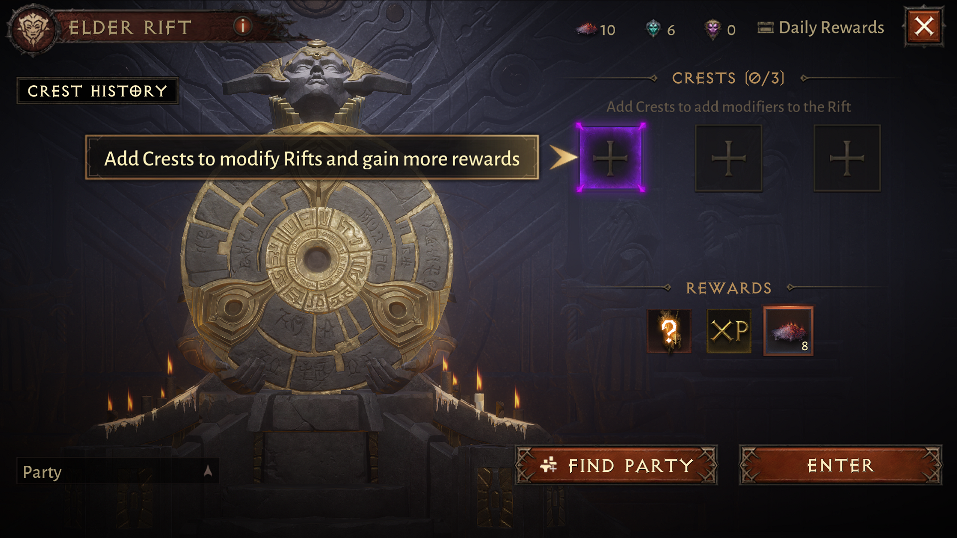The UI for applying Crests and opening an Elder Rift in Diablo Immortal