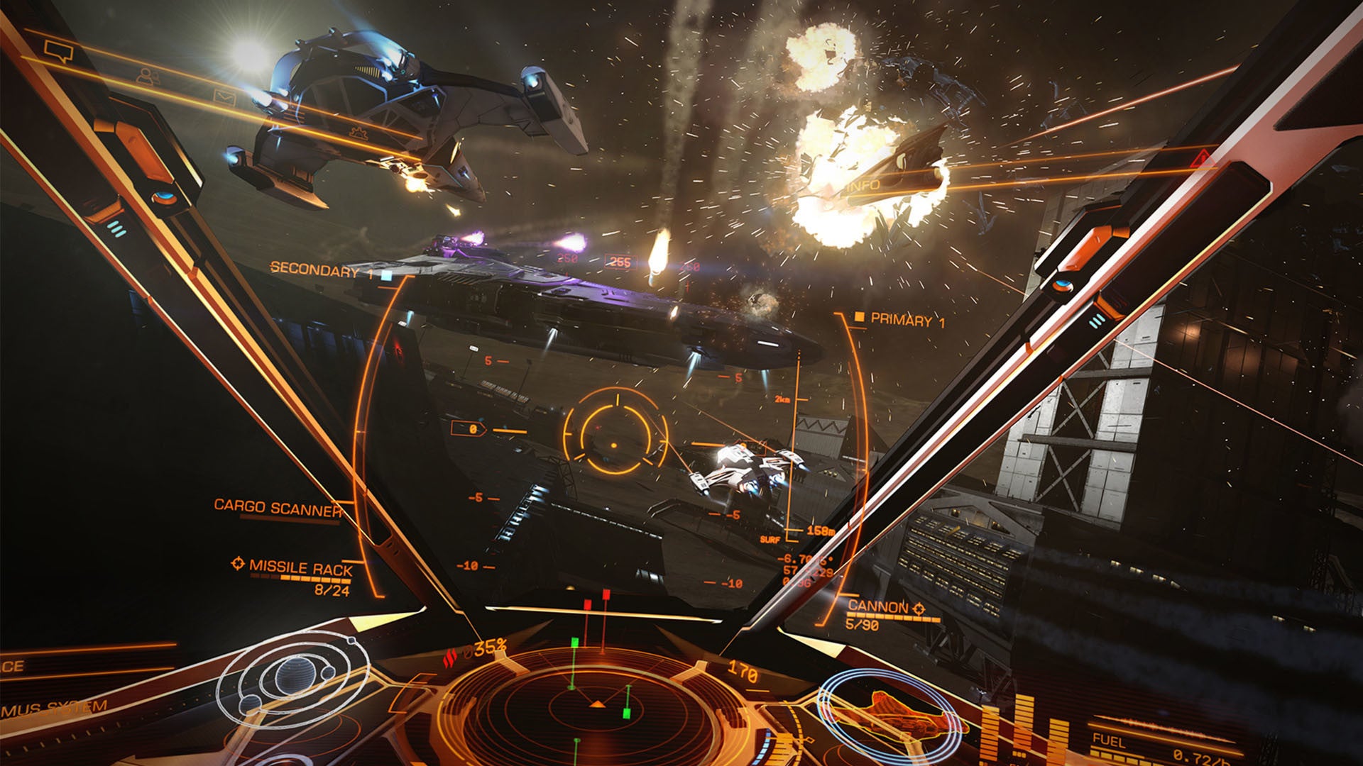 A first person view of a spaceship cockpit engaged in a space battle in Elite Dangerous