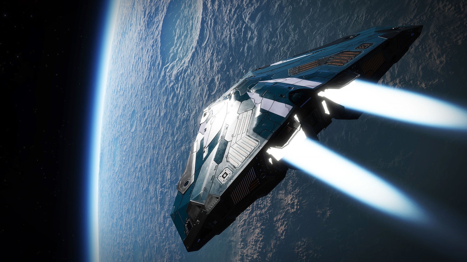 A spaceship flying towards a planet in an Elite Dangerous: Odyssey screenshot.