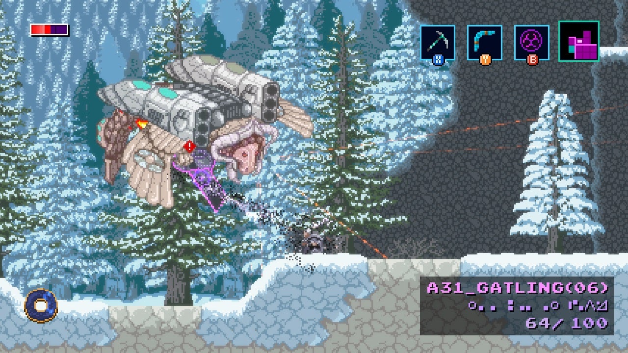 Axiom Verge 2's new character can hack enemies, like this metal flying beastie.