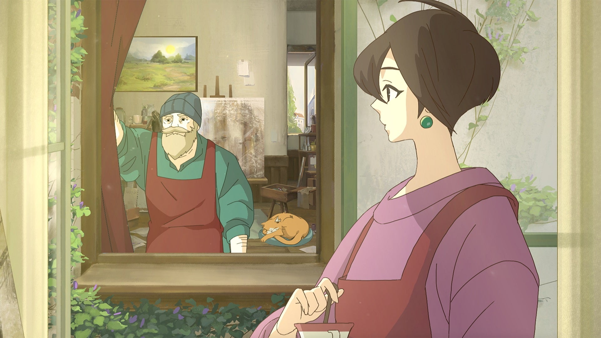 A Ghibli-esque still of a painter looking at her neighbour in Behind The Frame.