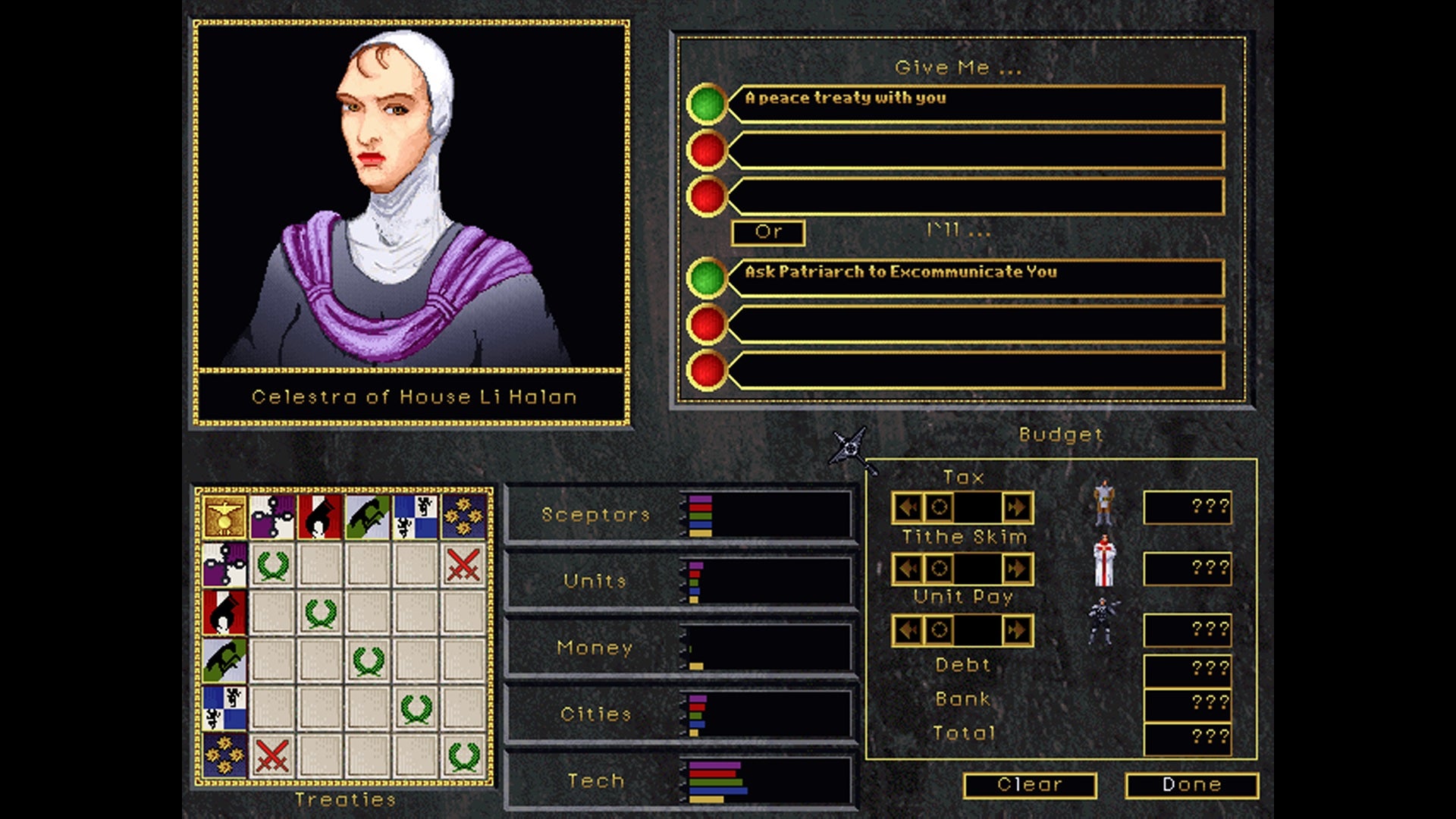 A diplomatic screen showing possible actions to take with Celestra of House Li Halan in Emperor Of The Fading Suns