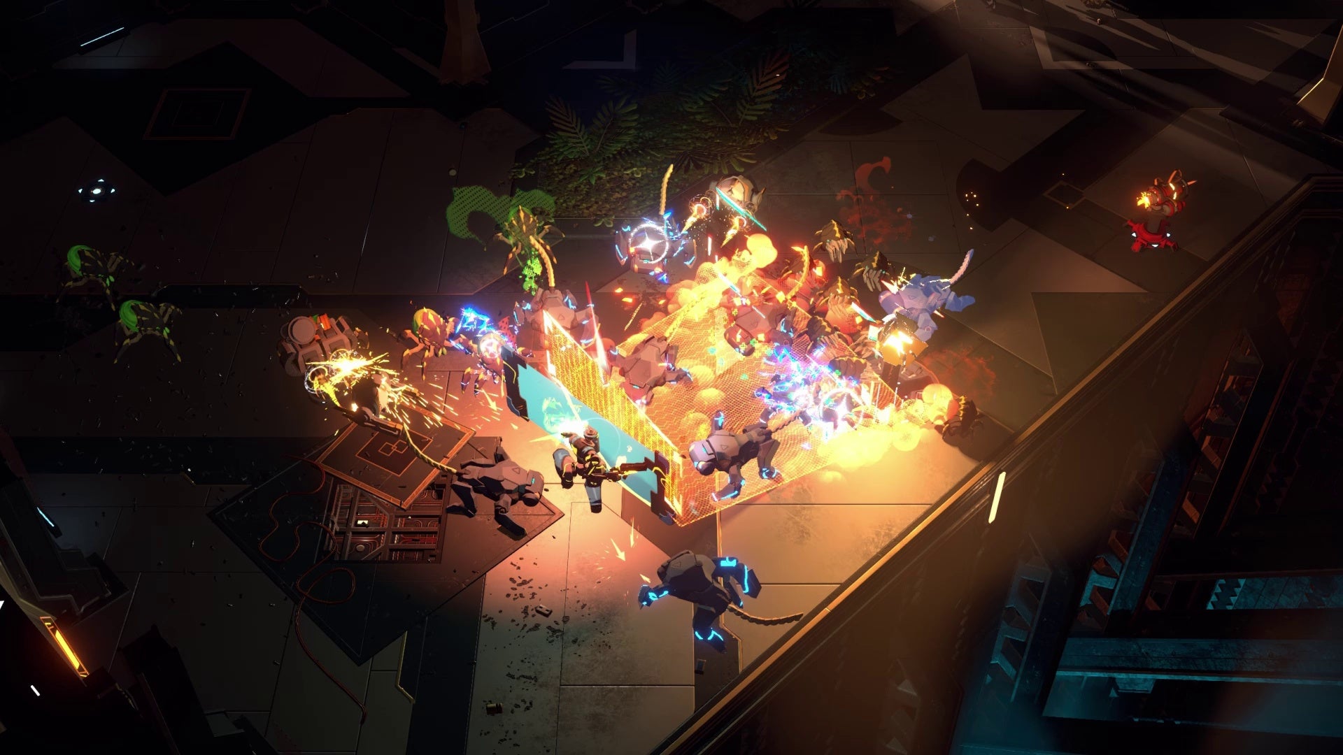 A screenshot of Endless Dungeon showing a futuristic environment from an isometric perspective. At the centre of the image is a melee between players and many monsters, with fire and smoke and magic effects illuminating the scene.