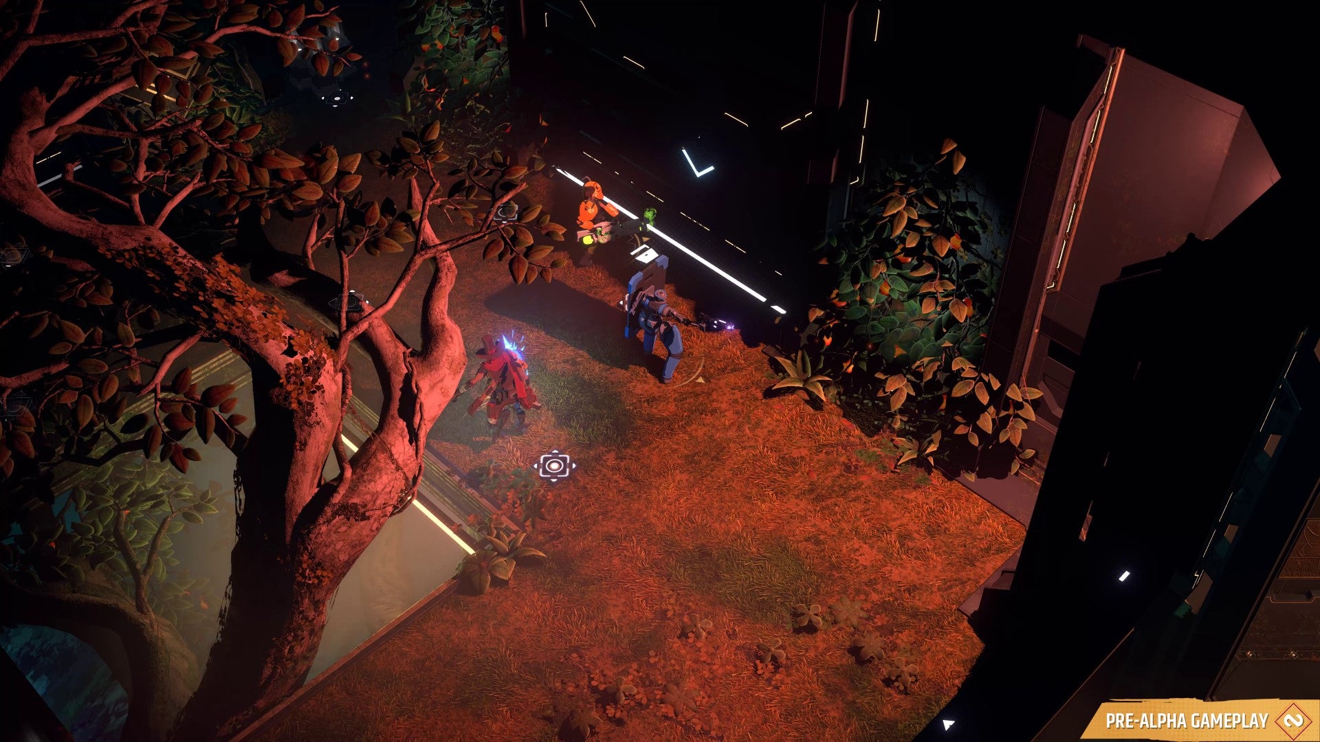 Three heroes stand in an overgrown area of the abandoned space station in Endless Dungeon.