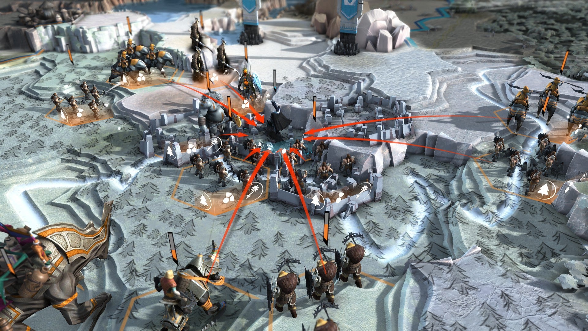 A screenshot of warriors attacking a settlement in Endless Legend