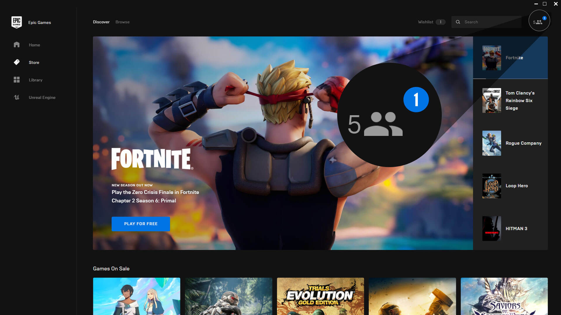 A screenshot of the Epic Games launcher highlighting the social features on the top bar.