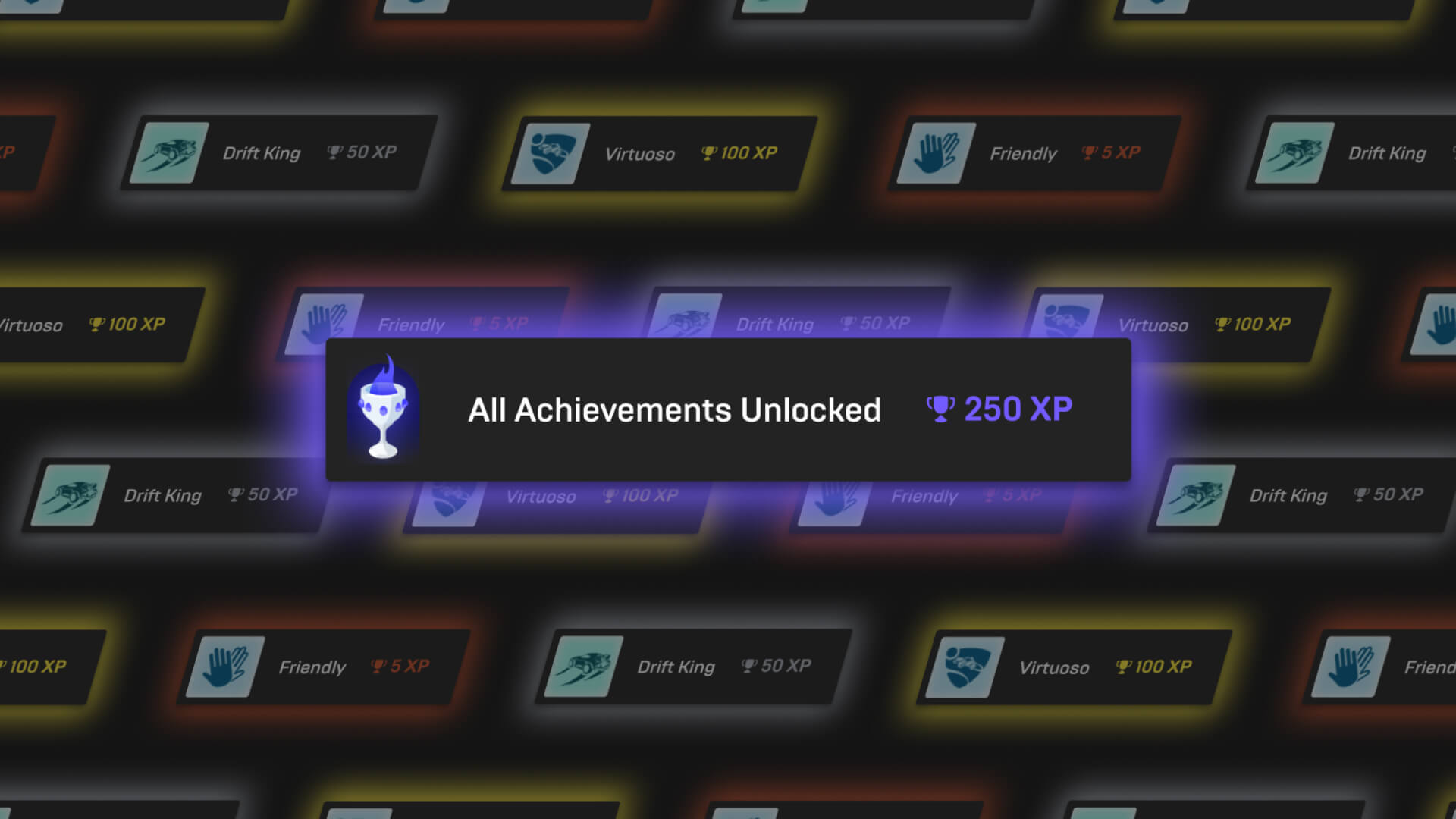 Epic Games Store achievements header image  showing different game achievements and XP values. "All Achievements Unlocked" in the center is worth 250 XP.