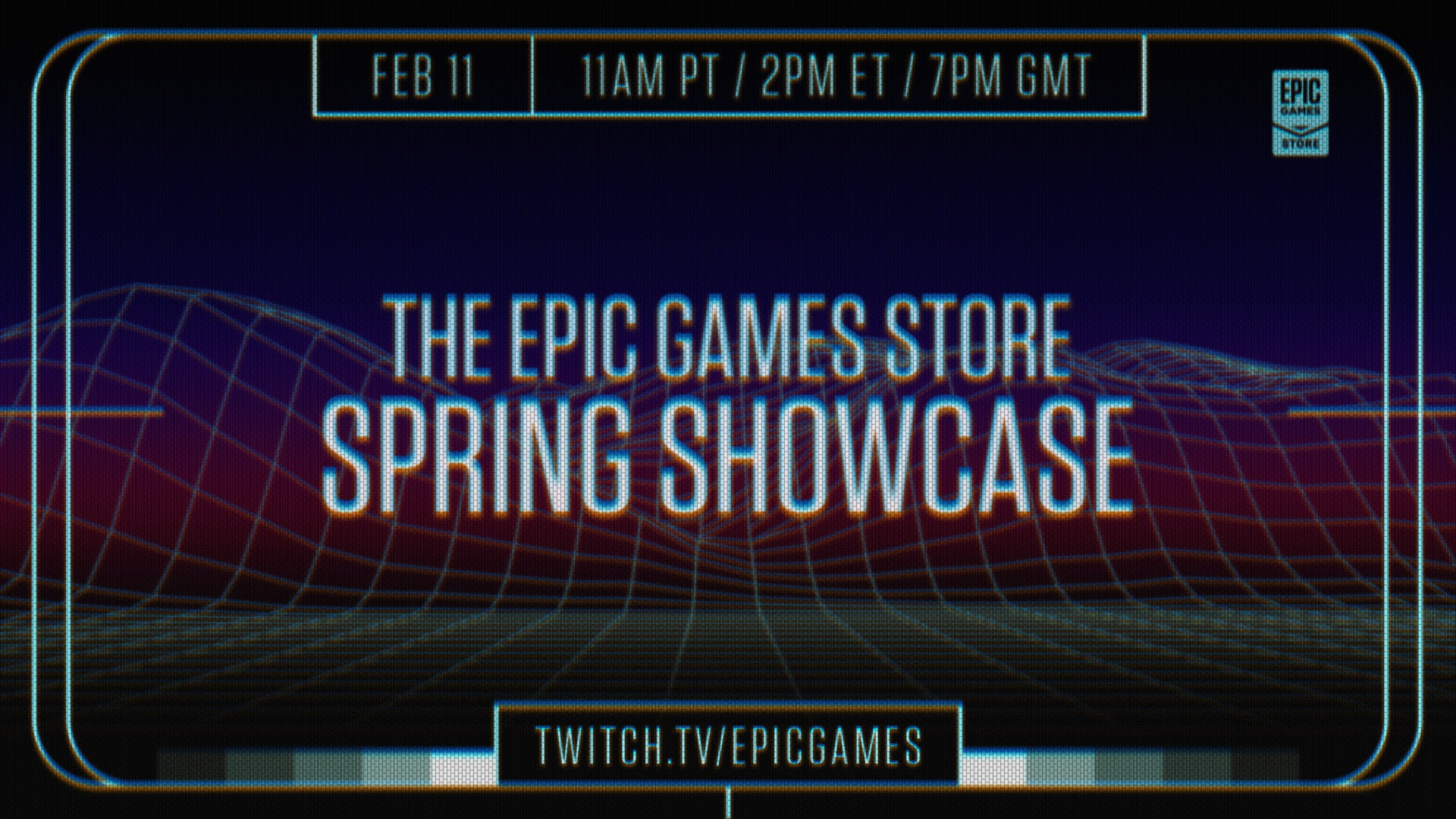 A banner with dates and times for the Epic Games Store Spring Showcase stream.