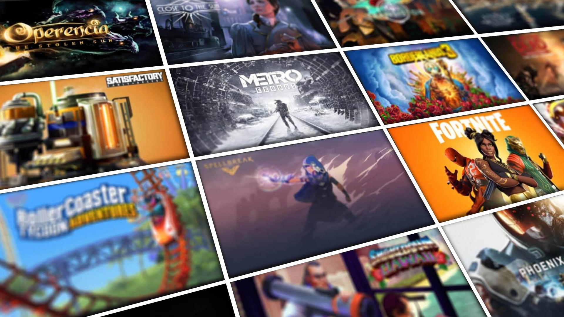 Promotional art for the Epic Games Store showing several tile cards for games available on the store.