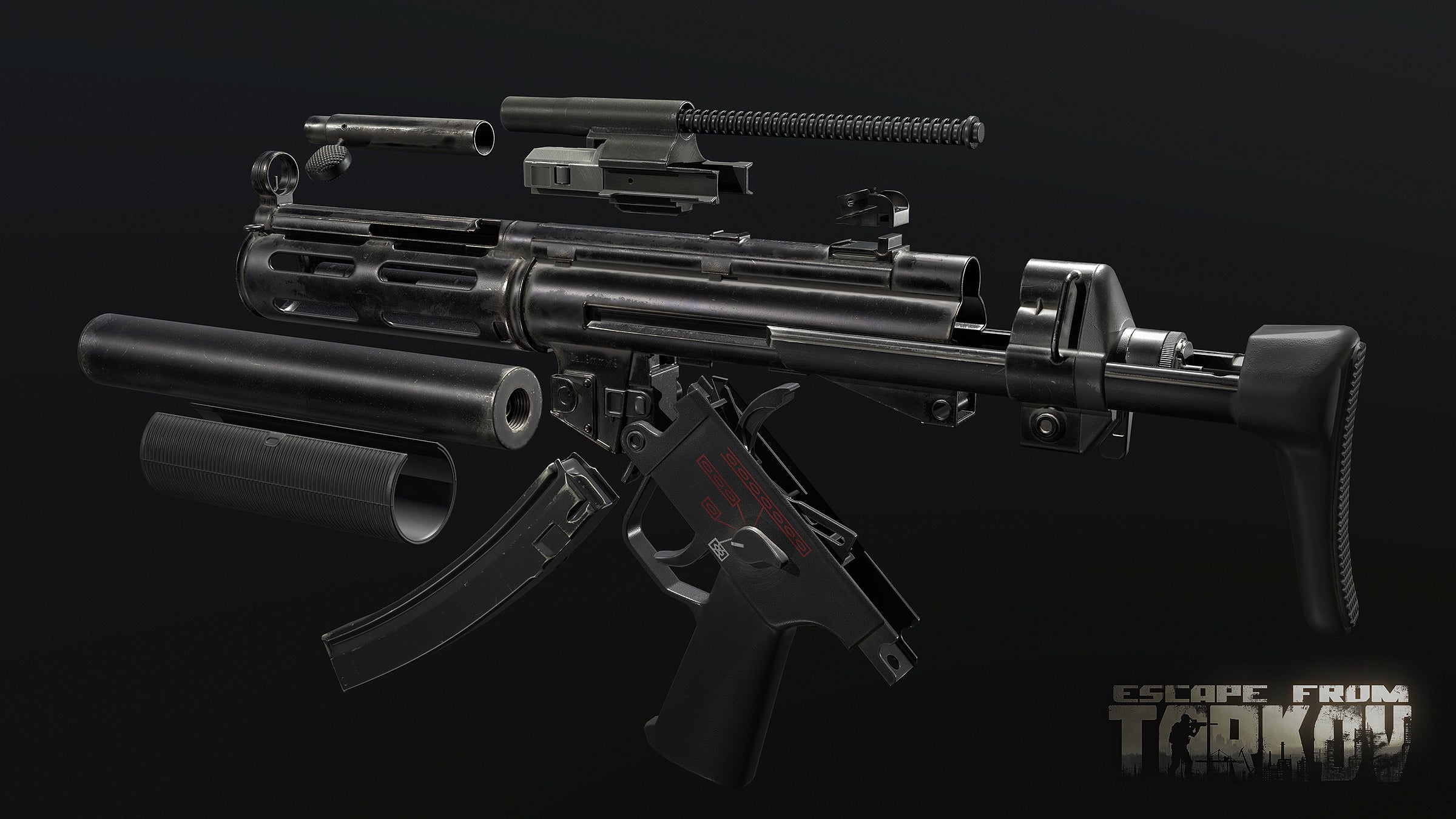 A screenshot of a gun from Escape From Tarkov, disassembled into different parts for construction and reconstruction