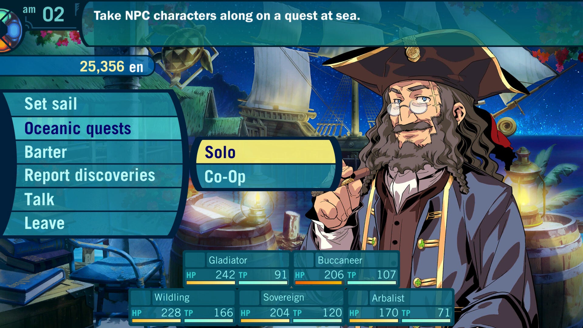 A UI screen featuring a middle aged pirate with glasses in Etrian Odyssey 3.