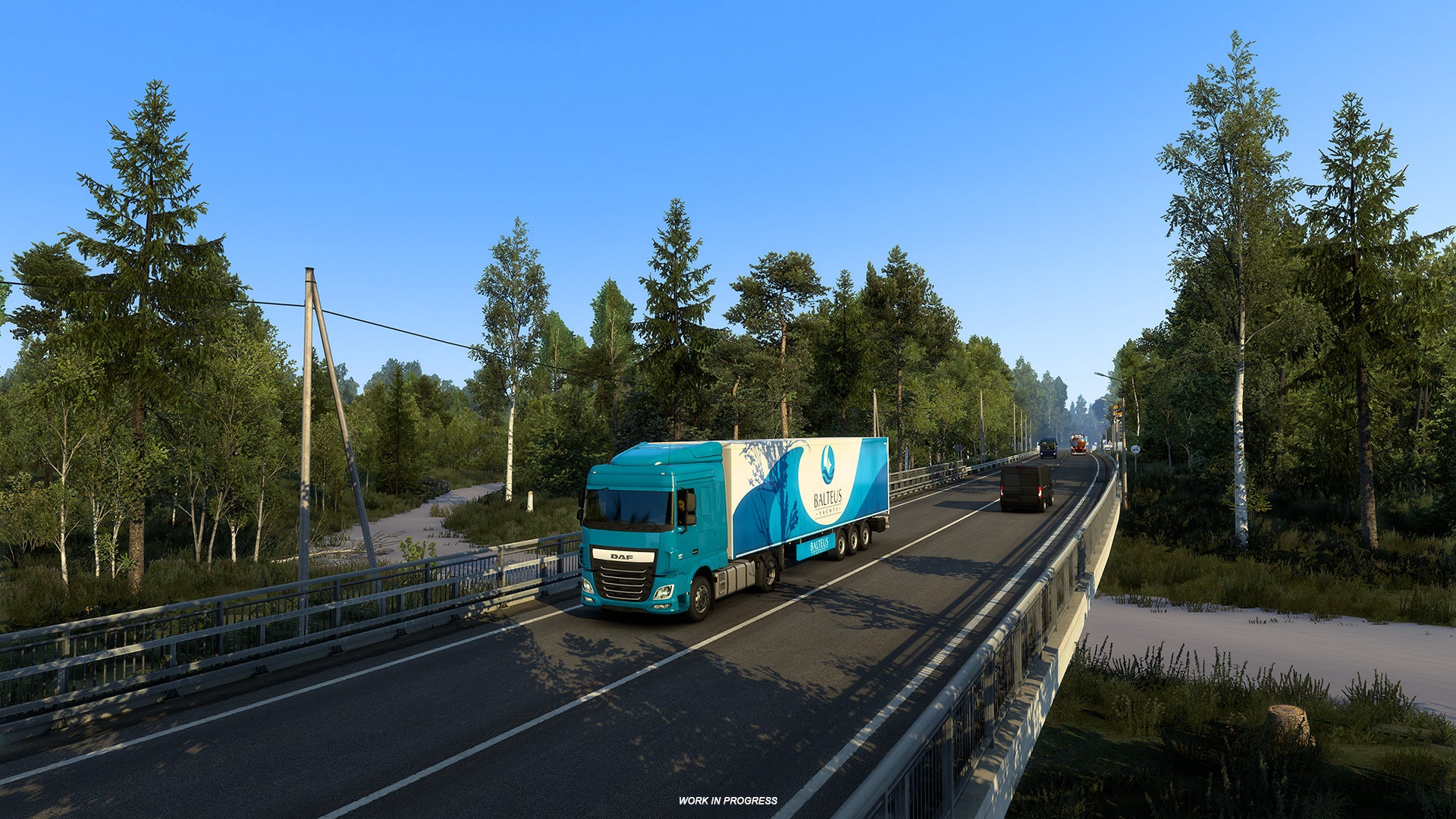 Euro Truck Sim 2 Russia- A truck drives down a two lane bridge through a forested area.