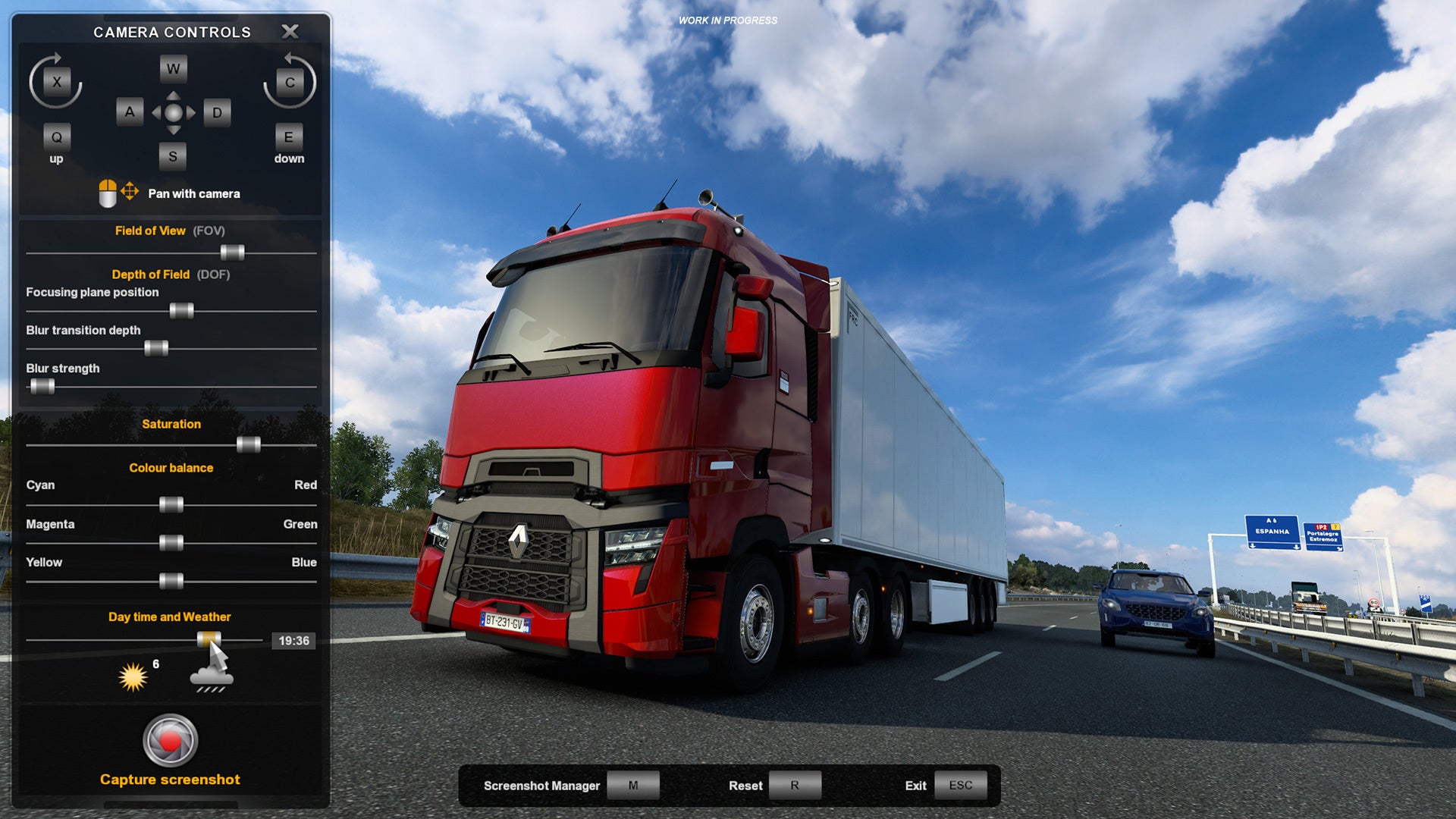 A screenshot of Euro Truck Simulator 2's revamped photo mode, showing a red truck gleaming under a blue sky on a motorway.