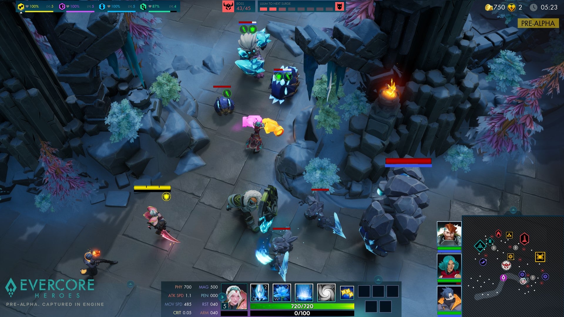 Heroes face-off against some rock monsters in an icey arena in Evercore Heroes.