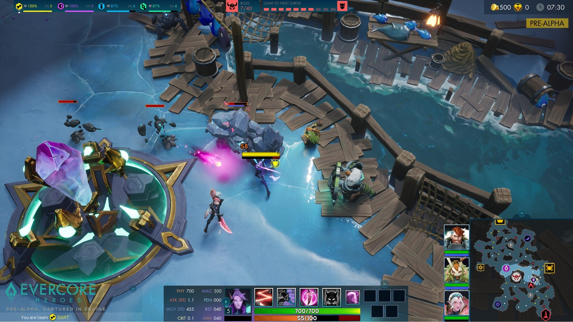 Heroes defend their Evercore from rock monsters in an icey arena in Evercore Heroes.